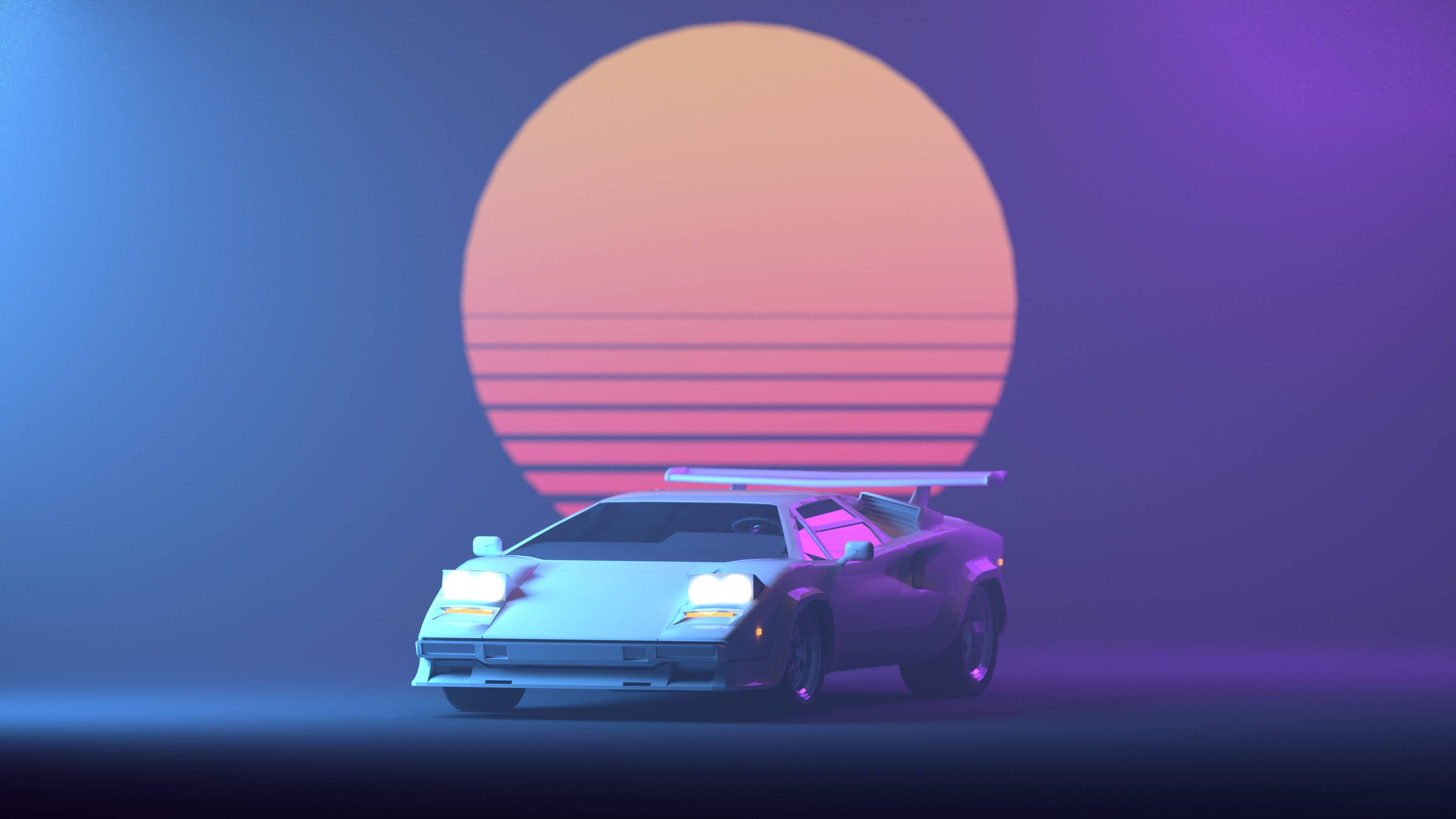 Retro 桌布 壁紙 — 一輛發光的紫色跑車矗立在一個巨大的日落前，帶有水平條紋，場景充滿霓虹燈的復古未來感。