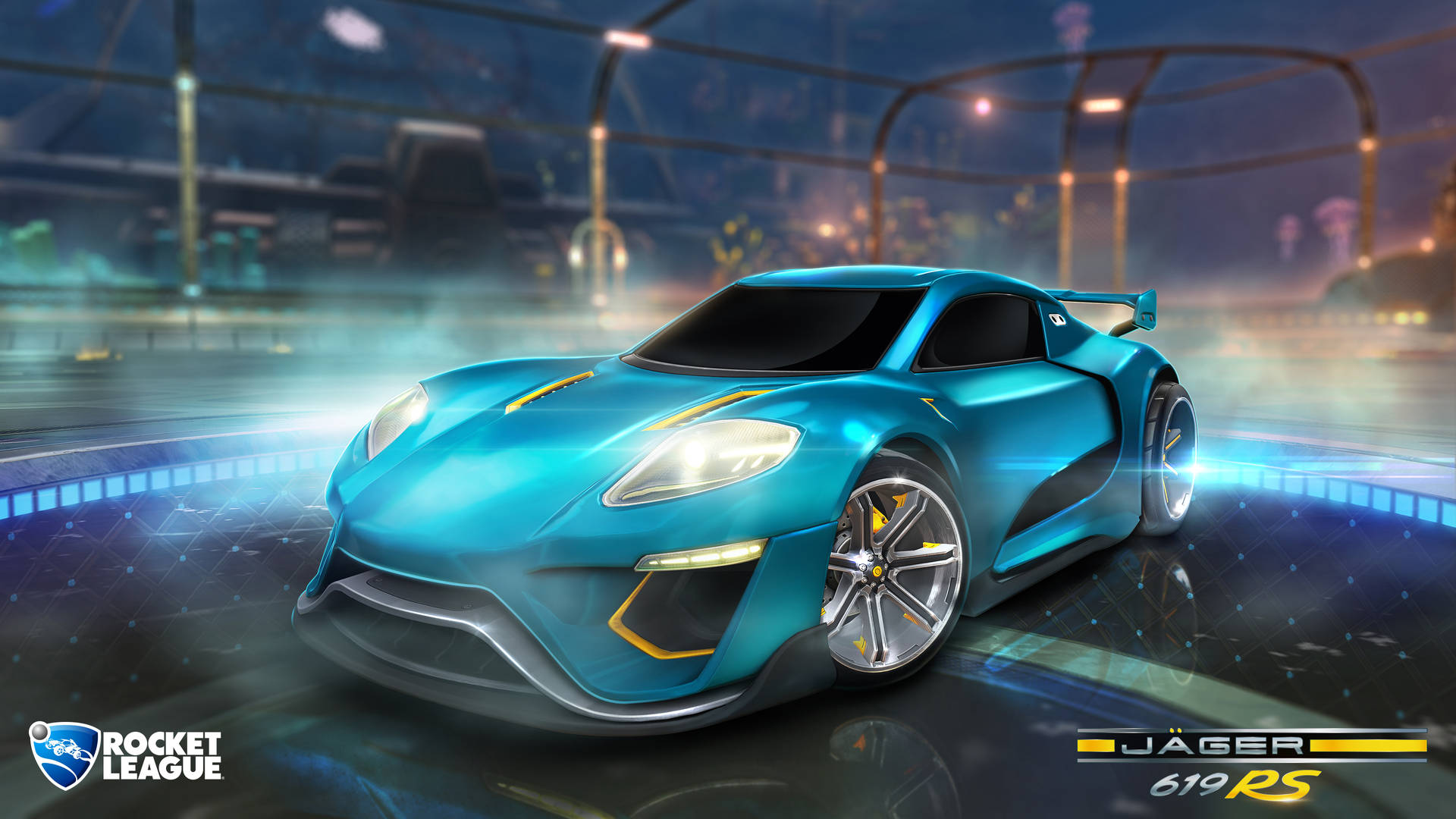 藍色Rocket League汽車帶有黃色細節，在霓虹燈賽道上行駛。 — 火箭聯盟 GIF 壁紙