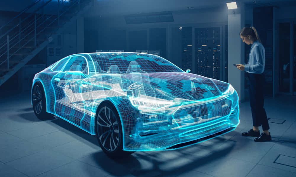 Car Technology 桌布 壁紙 — 一輛發光的藍色全息跑車漂浮在昏暗的未來實驗室中，一位女士正在手機上觀察它。