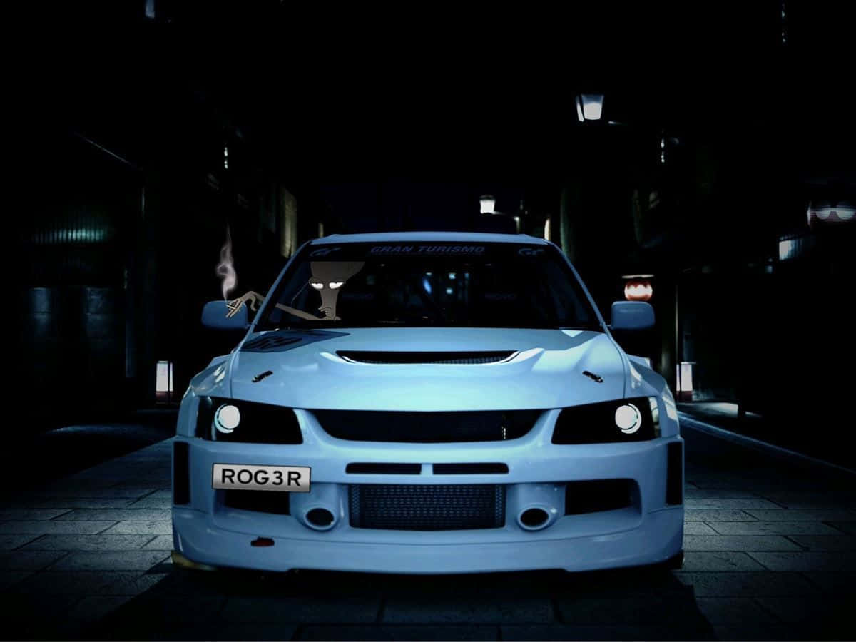 JDM 車 桌布 壁紙 — 一輛發光的藍色跑車，車牌為'ROG3R'，夜間停放在黑暗的城市小巷中，側鏡冒煙。