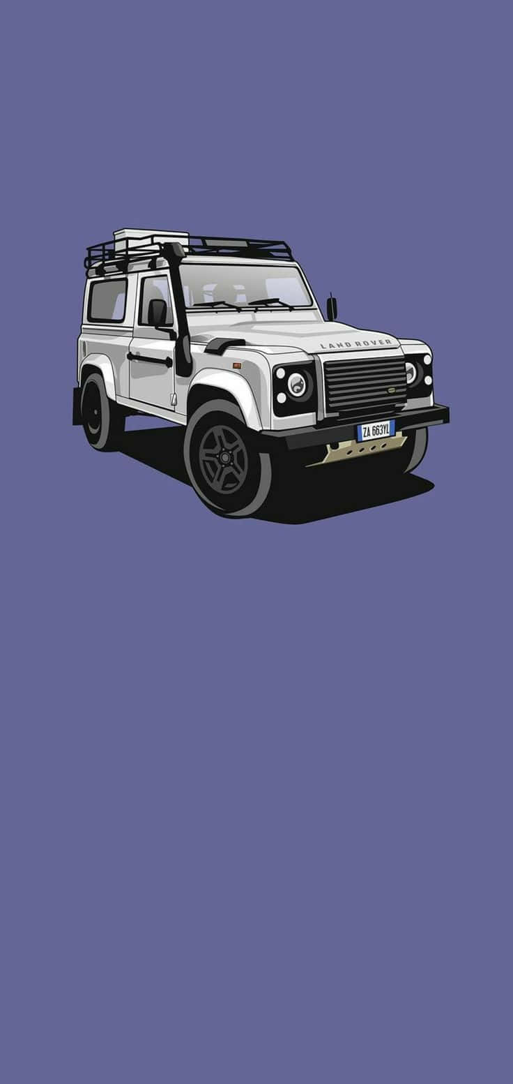 Minimalist Car 桌布 壁紙 — 一輛白色 Land Rover Defender 配備車頂行李架，在純紫色背景上居中展示，採用乾淨的數位藝術風格。