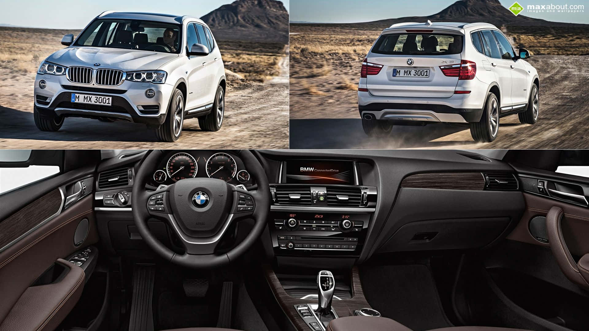 Bmw X3 桌布 壁紙 — 一輛白色BMW X3 SUV在塵土飛揚的沙漠景觀中行駛，背景是崎嶇的山脈，而下方面板則顯示其豪華的棕色皮革內飾，配有詳細的儀表板。