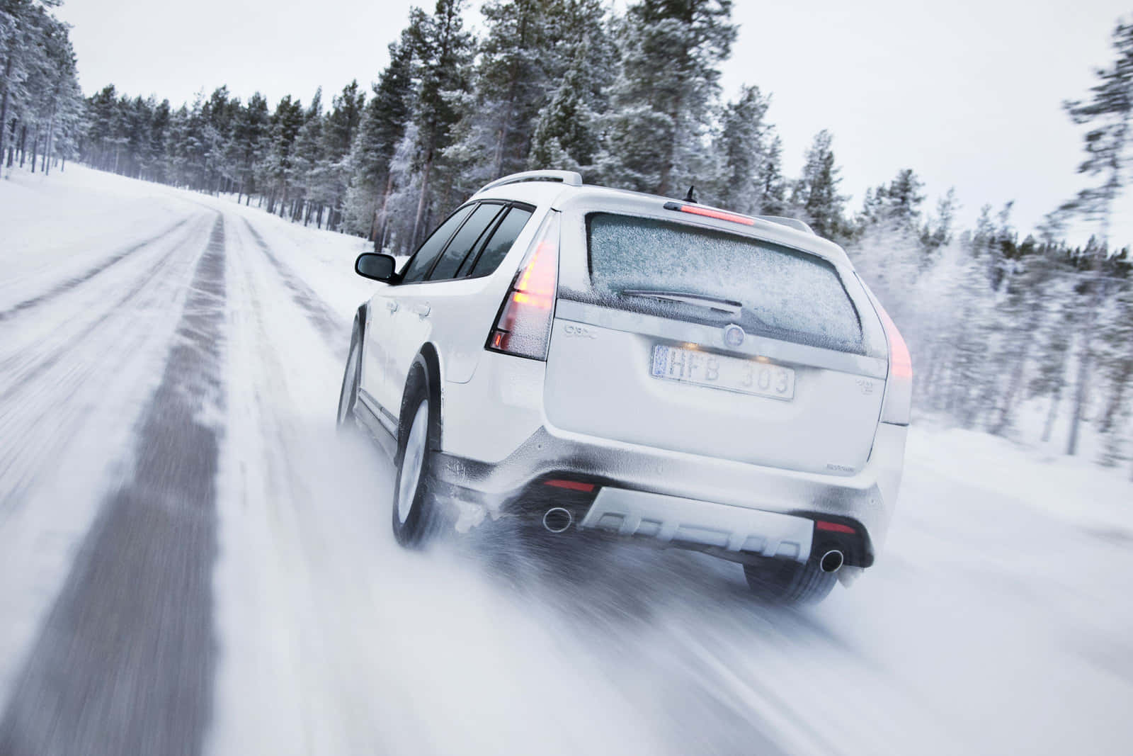 Winter Driving 桌布 壁紙 — 一輛白色SUV在積雪的森林道路上行駛，揚起雪霧，路邊排列著松樹。