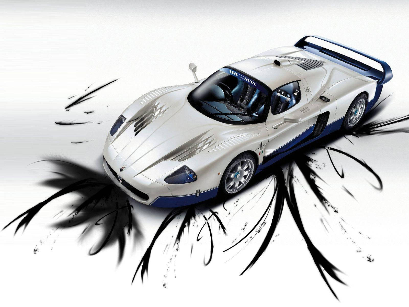 Maserati 桌布 壁紙 — 一輛白色和藍色的Maserati MC12超級跑車，在純白色背景上，輪胎散發出動態的黑色筆觸效果。