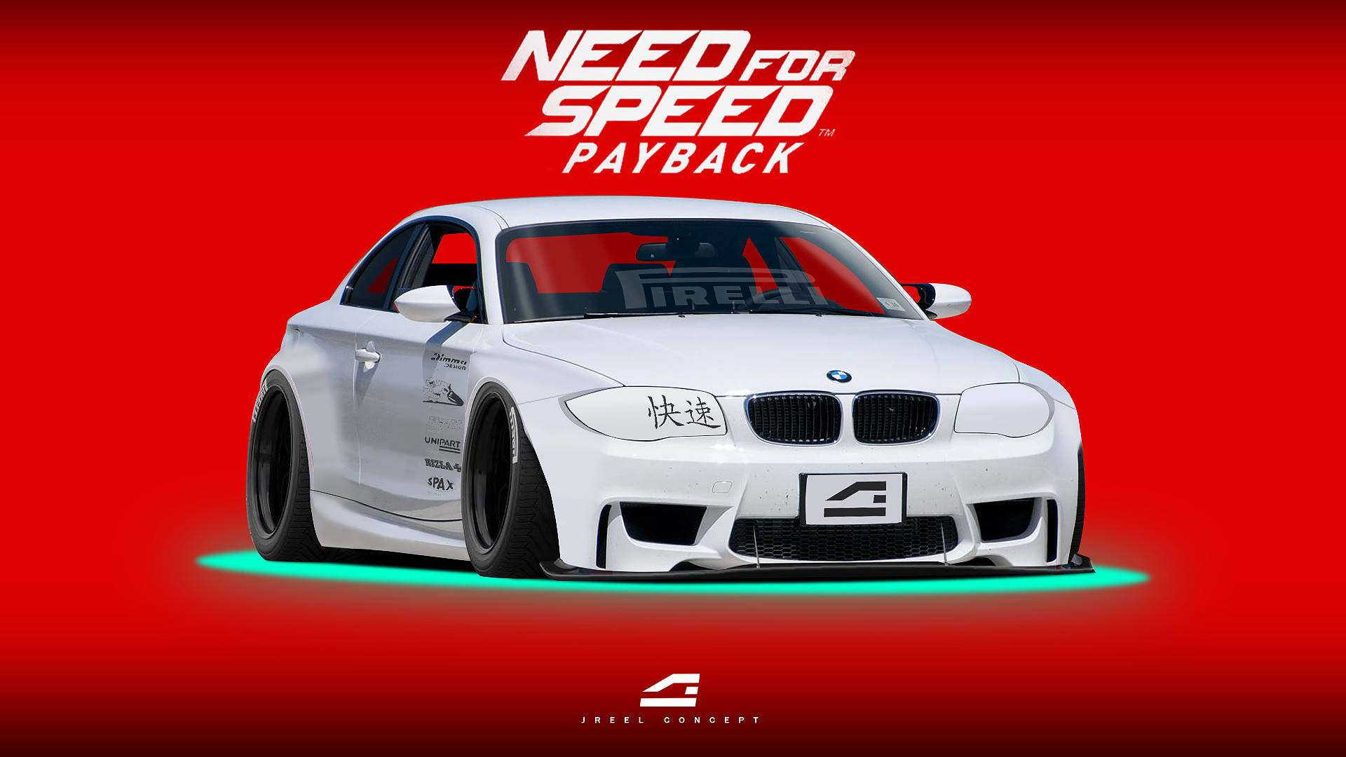 《Need For Speed Payback》BMW 1M Coupe 壁紙 — 一輛白色寶馬賽車帶有綠色底盤燈和引擎蓋上的中文字，在鮮紅色背景上與 'Need for Speed Payback' 標誌形成對比。