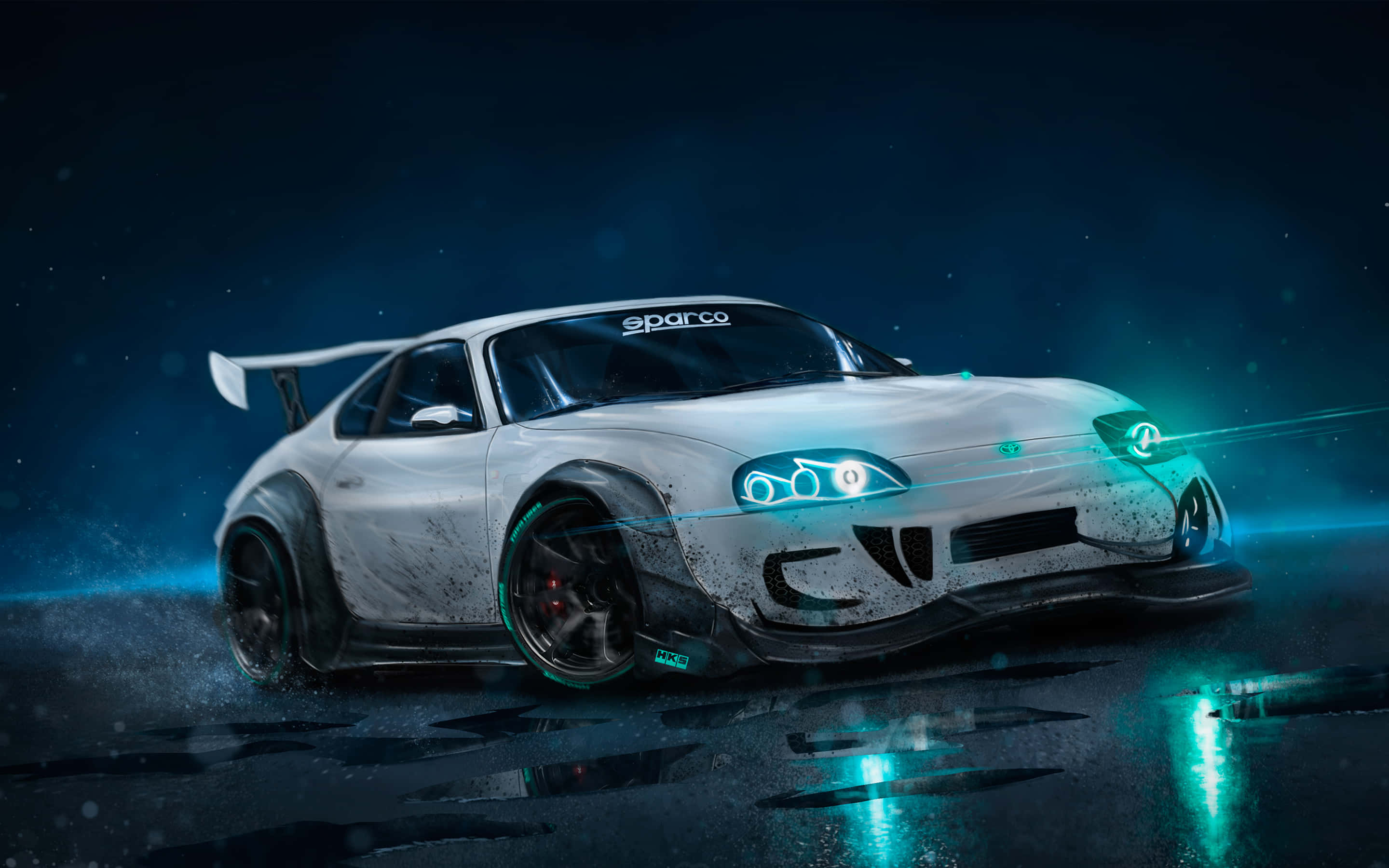 Supra 桌布 壁紙 — 一輛白色改裝跑車，帶有發光的藍色車頭燈，在雨夜的街道上飛馳，在霓虹燈下濺起水花。