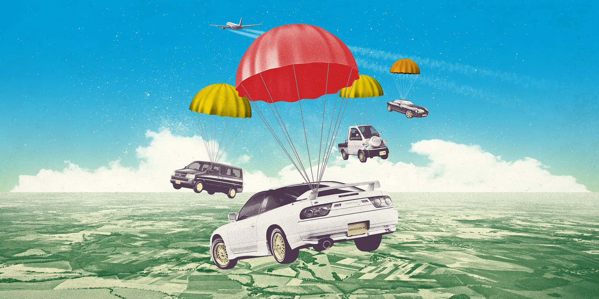 一輛白色汽車飛行於天空