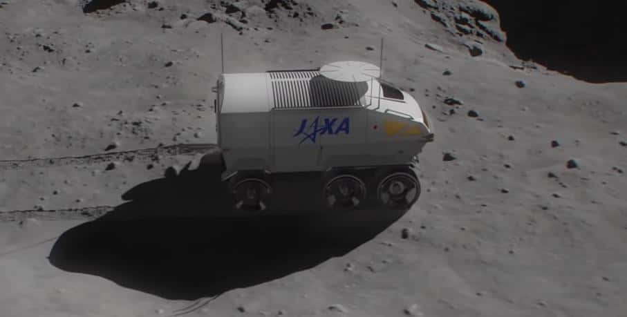 Lunar Rover 桌布 壁紙 — 一輛白色的JAXA六輪探測車在荒蕪的灰色月球表面行駛，在明亮的陽光下投下長長的影子。