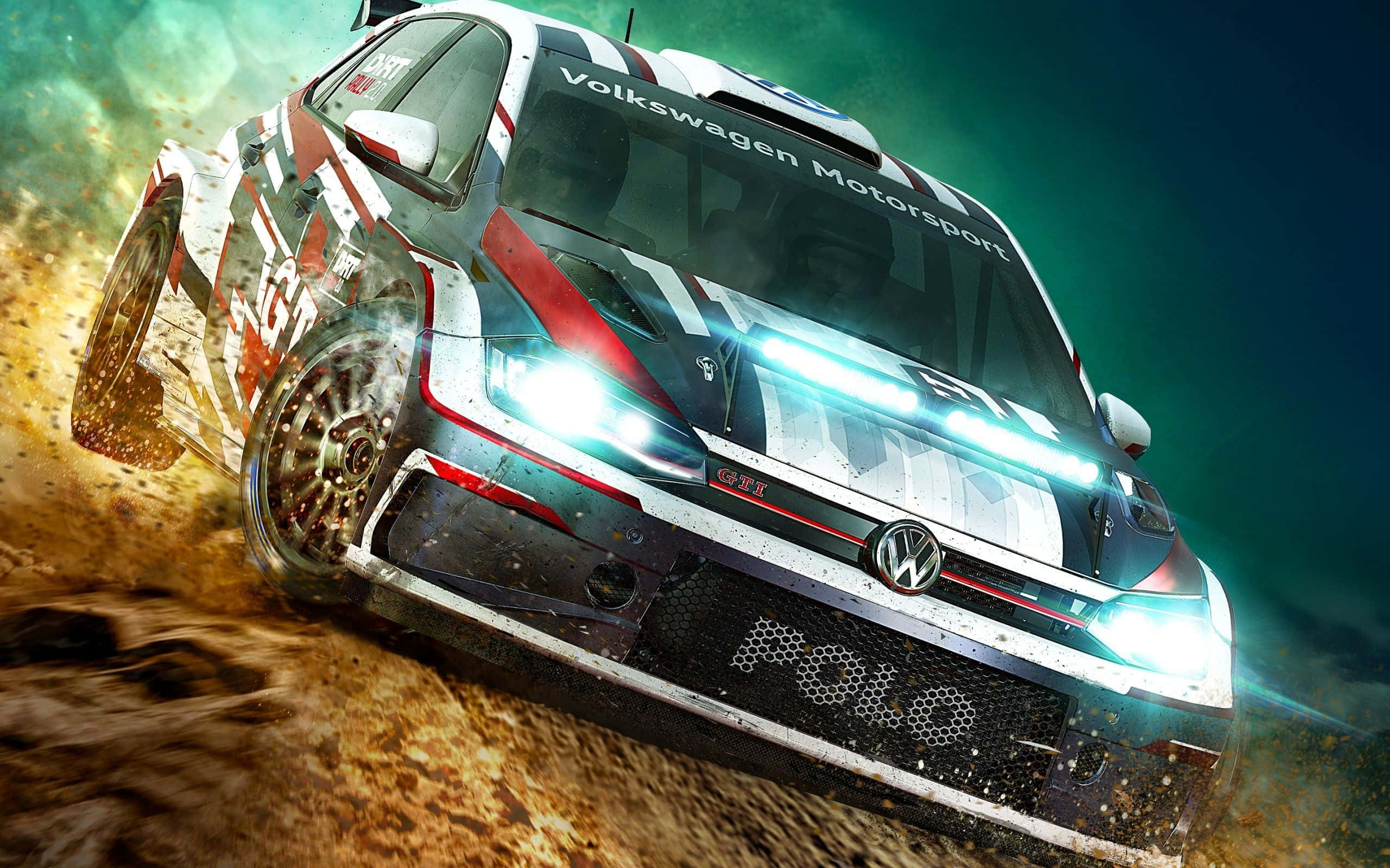 Racing Games 桌布 壁紙 — 一輛福士越野賽車在發光頭燈下高速穿過泥土揚起灰塵。