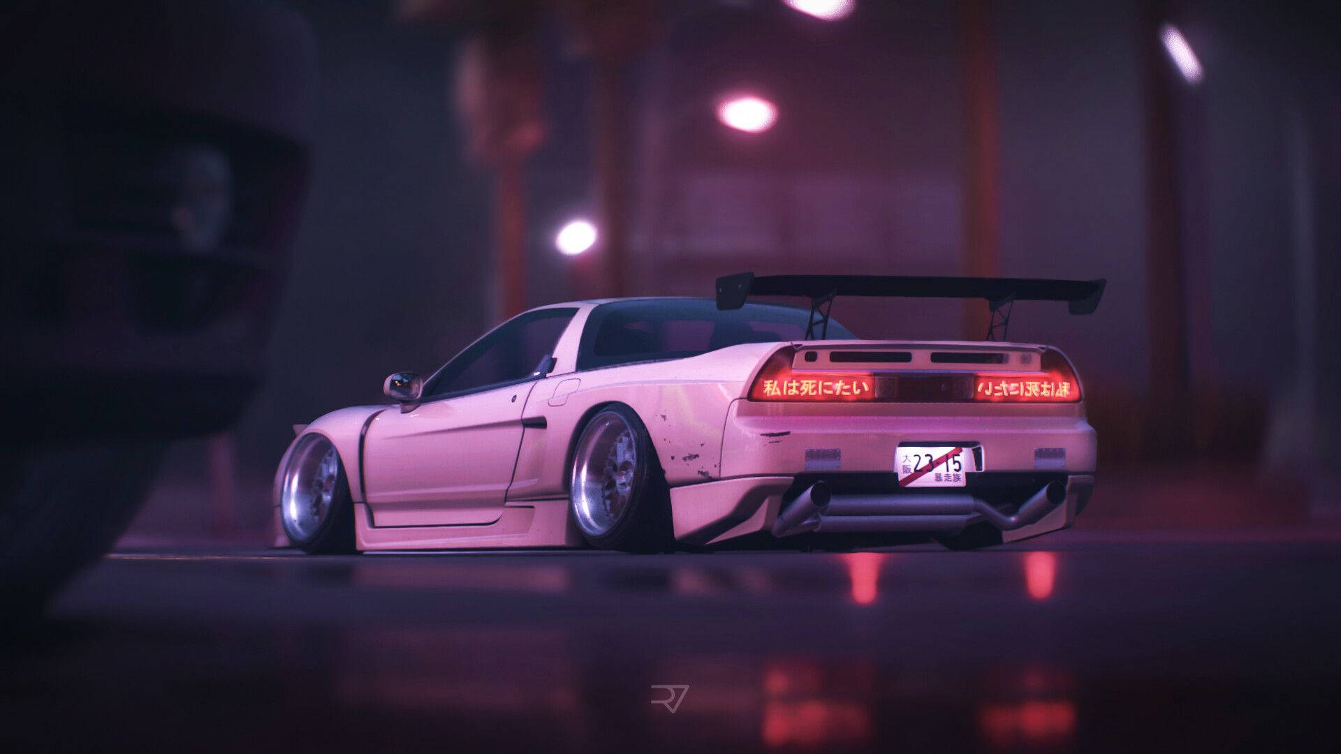Acura 桌布 壁紙 — 一輛粉紅色改裝跑車，帶有發光的紅色尾燈，夜間停在霓虹燈照亮的城市小巷中。
