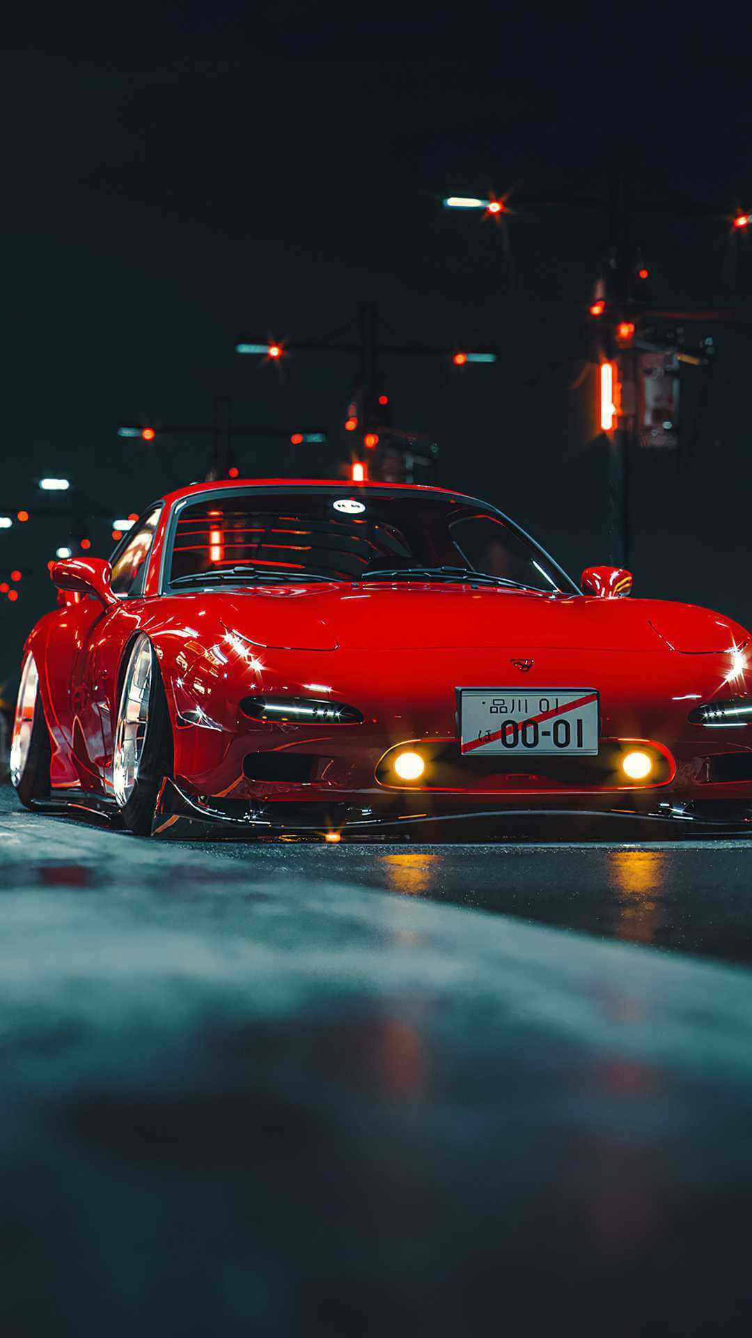 夜間濕漉漉的城市街道上停放的紅色跑車，帶有發光的霓虹燈。
