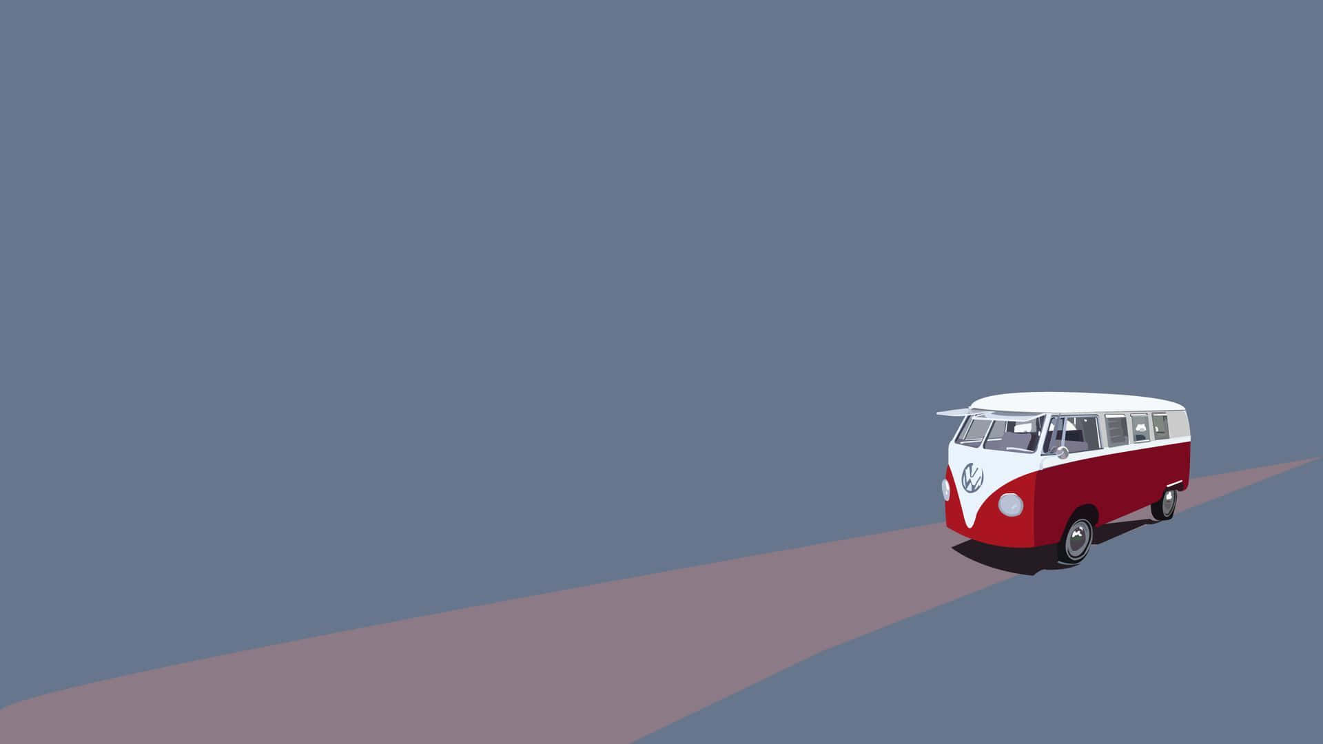 Minimal Art 桌布 壁紙 — 一輛紅白相間的復古福士偉根露營車在狹窄的道路上獨自行駛，背景是柔和的藍色。