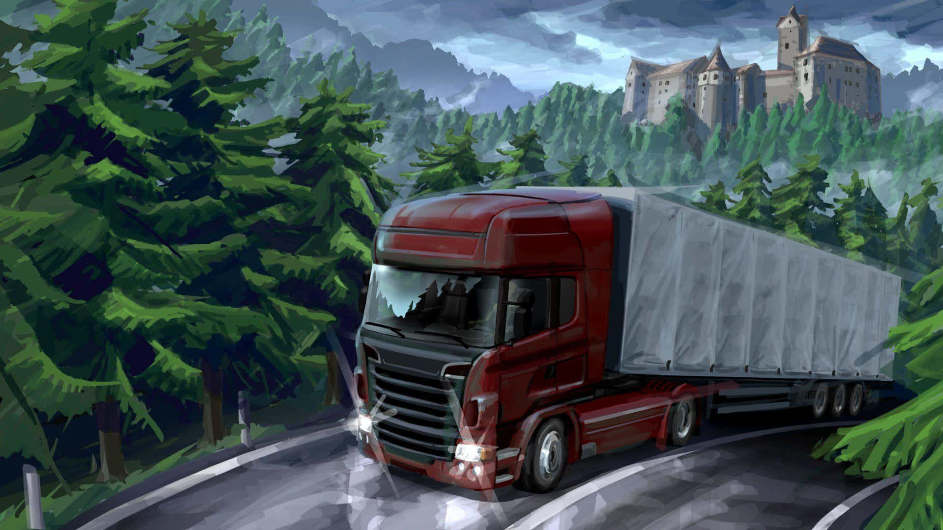 Simulation Games 桌布 壁紙 — 一輛紅色半掛卡車在蜿蜒的山路上行駛，兩旁是茂密的常青樹，遠處的山丘上有一座城堡，天空多雲。