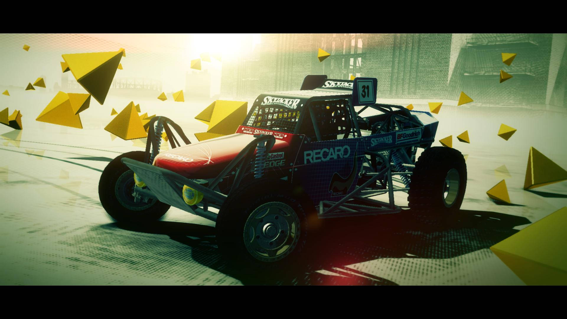 Dirt 3 Stadium Buggy 壁紙 — 一輛紅色和藍色的31號越野賽車卡車在未來主義的城市景觀中疾馳，其中有漂浮的黃色金字塔。