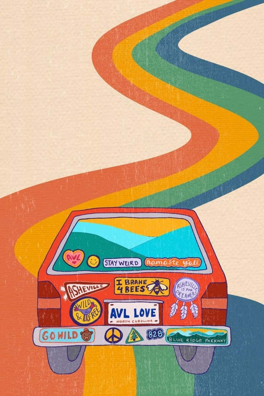 Psychedelic 70s Aesthetic 桌布 壁紙 — 一輛紅色復古車貼滿了阿什維爾貼紙，在米色天空下沿著蜿蜒的彩虹路行駛。