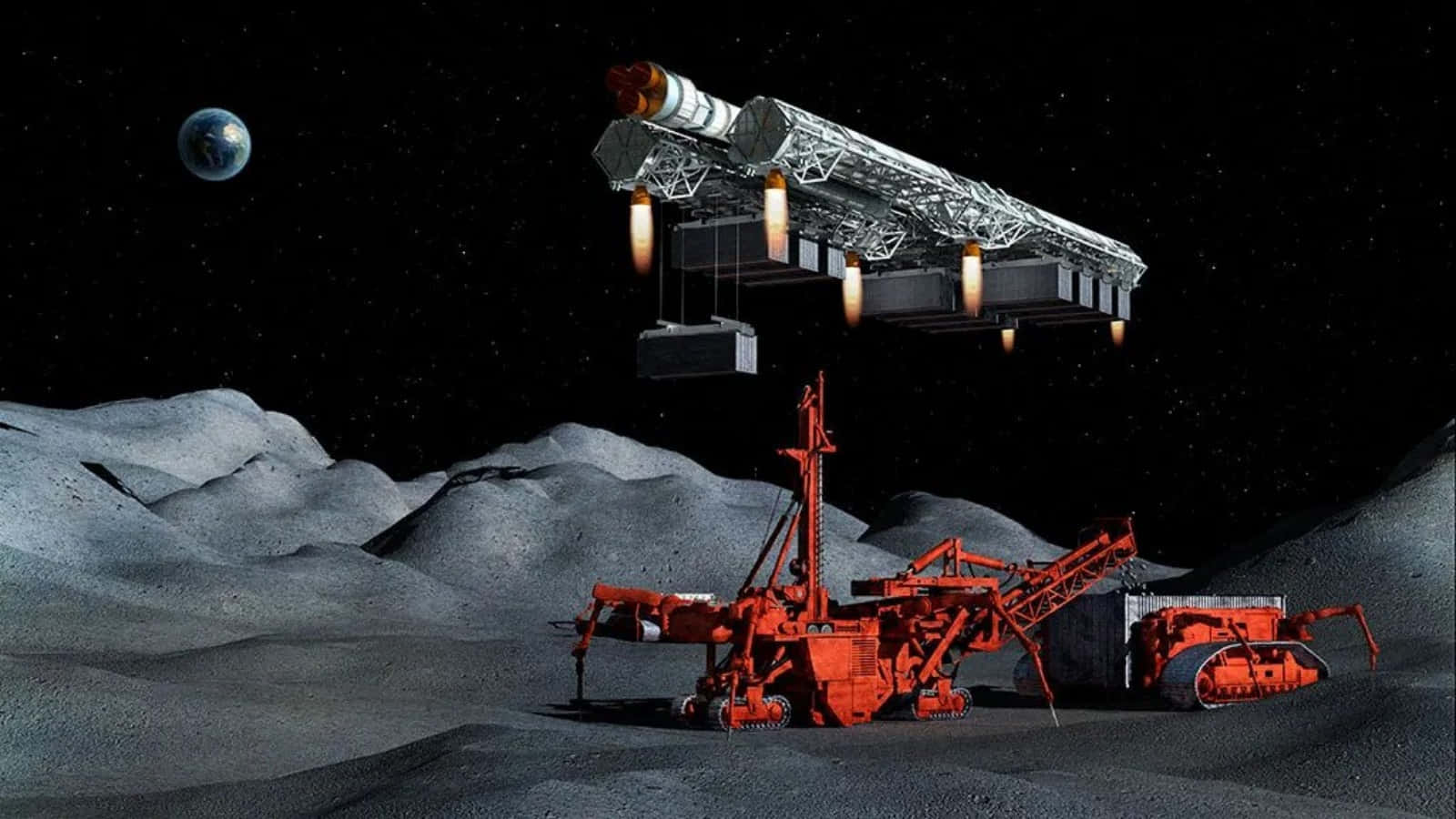 Space Mining 桌布 壁紙 — 一輛紅色月球採礦車在灰色月球表面運作，一枚火箭懸浮在上方，地球在星空背景中可見。