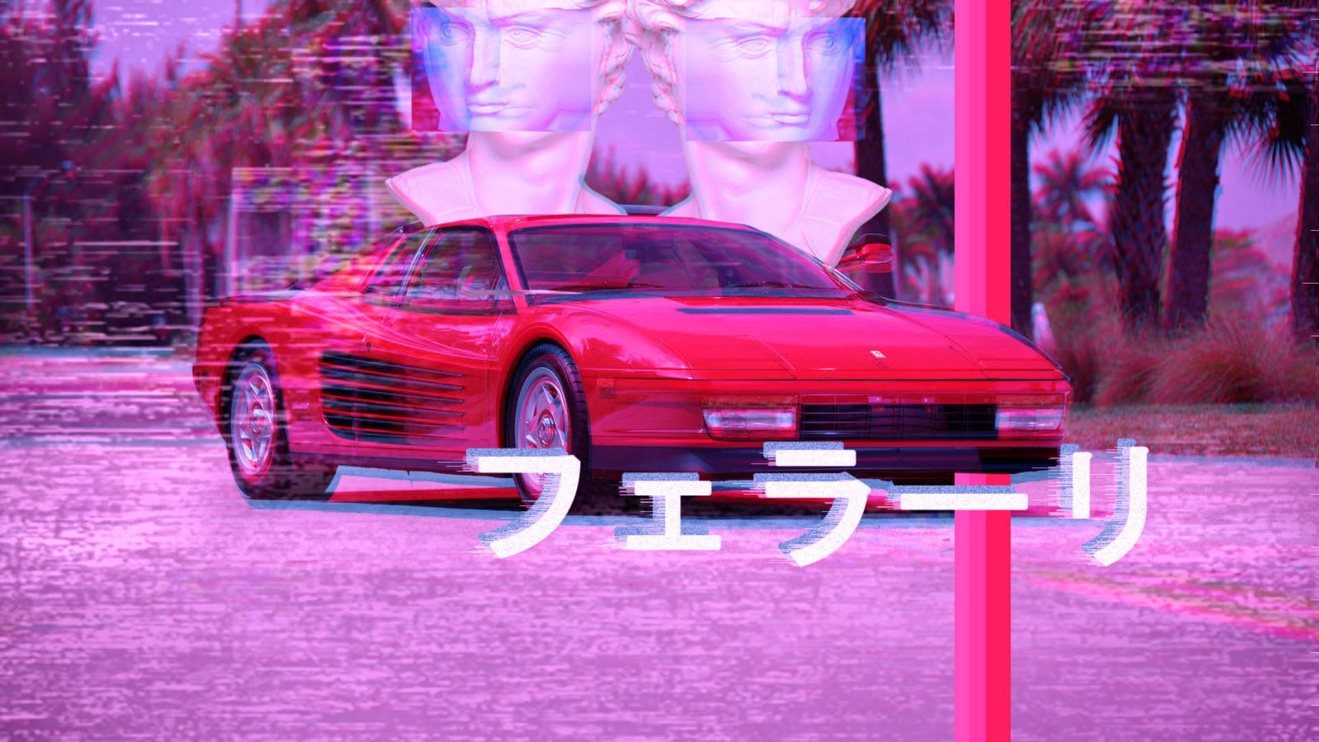 動漫車 桌布 壁紙 — 一輛紅色法拉利跑車在帶有日文文字疊加的故障粉紅和紫色數碼扭曲下發光。