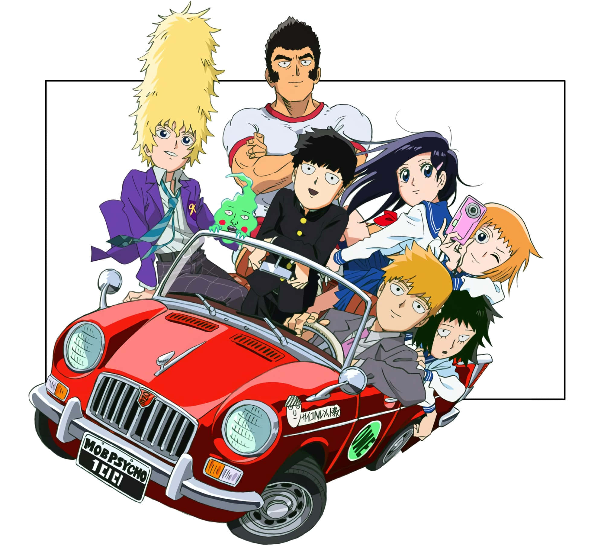 Tome Kurata 桌布 壁紙 — 一輛紅色經典敞篷車擠滿了動漫角色，場景動感十足、人潮洶湧。