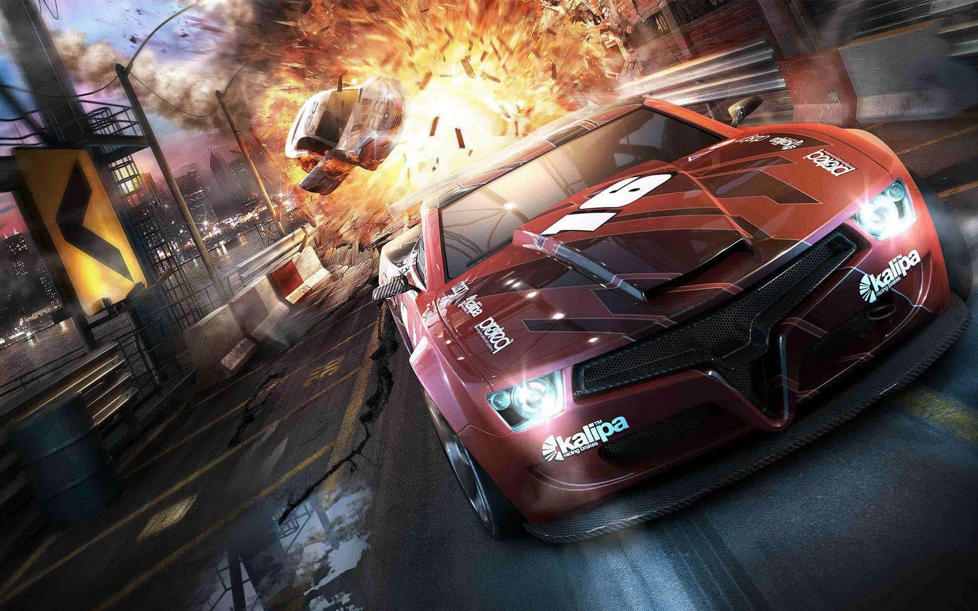Steam Games 桌布 壁紙 — 一輛紅色賽車在城市的街道上飛馳，身後發生爆炸，碎片四處飛散。
