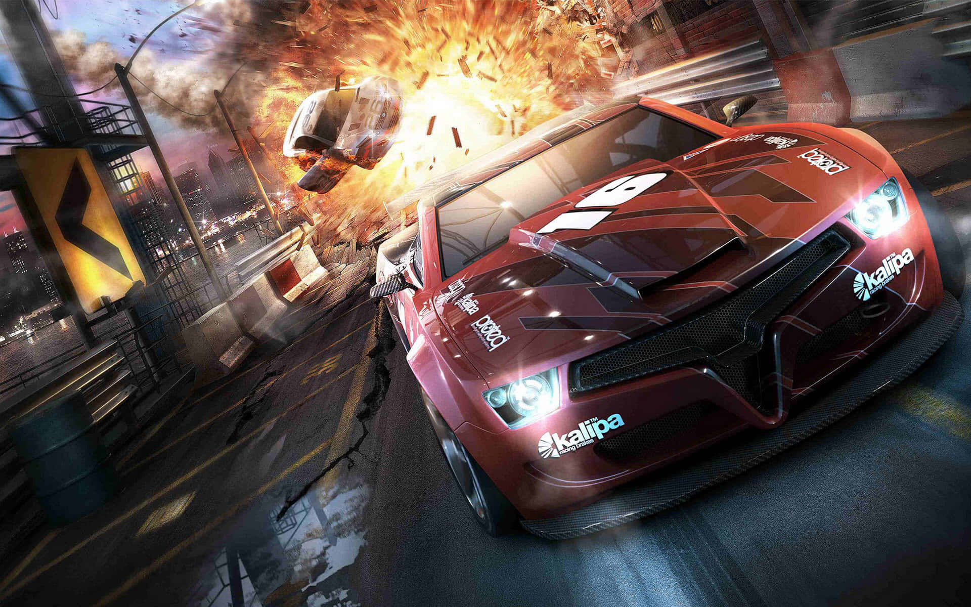 3d Gaming 桌布 壁紙 — 一輛紅色賽車在都市街道上飛馳，身後發生爆炸，碎片四散飛揚。