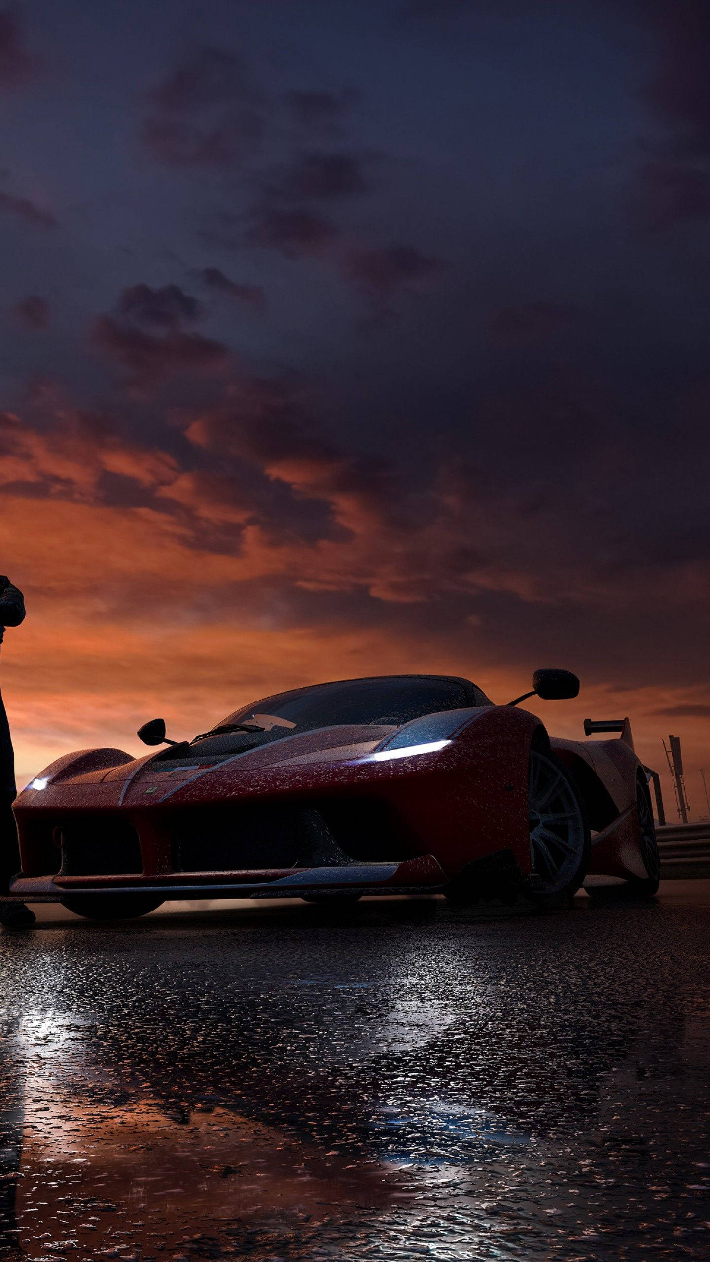 Forza iPhone Mercedes-AMG One 2021 壁紙 — 一輛紅色超跑在濕漉漉的道路上閃耀，背景是火紅的日落天空和戲劇性的雲彩。