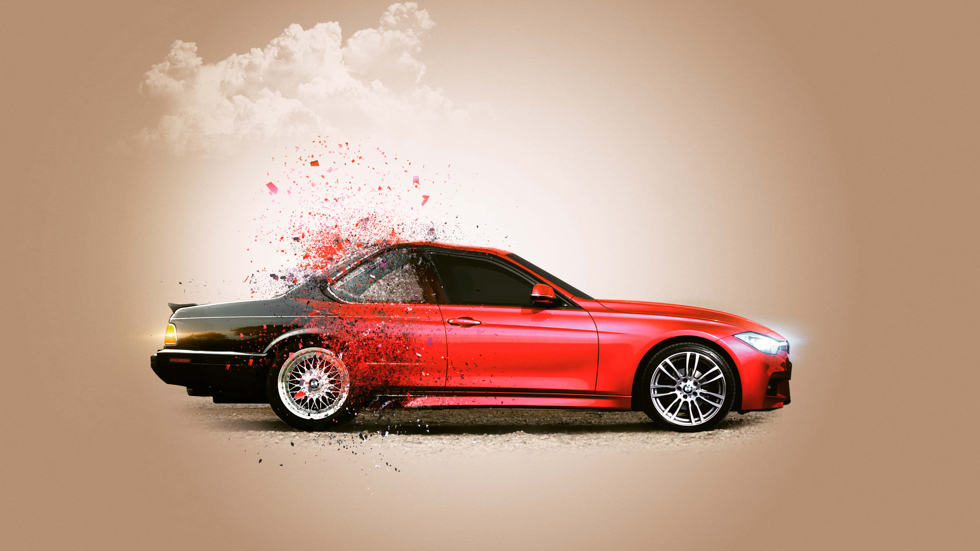 4K BMW 壁紙 桌布 壁紙 — 一輛紅色跑車在柔和的米色背景上爆炸成鮮紅色的粒子，上方有一朵雲。