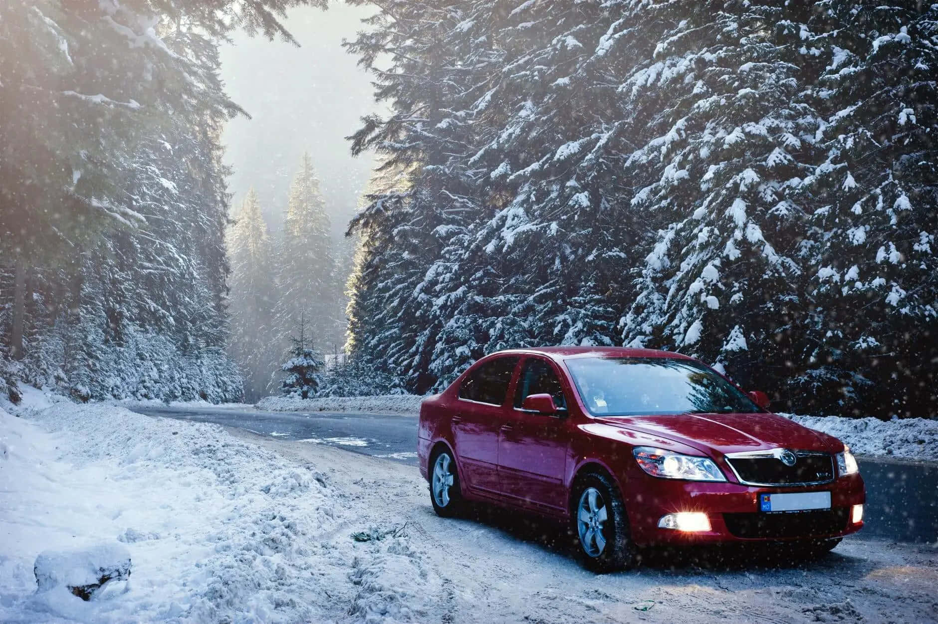 Winter Driving 桌布 壁紙 — 一輛紅色轎車行駛在白雪覆蓋的森林道路上，兩旁是積雪的松樹，柔和的晨光穿透樹林。