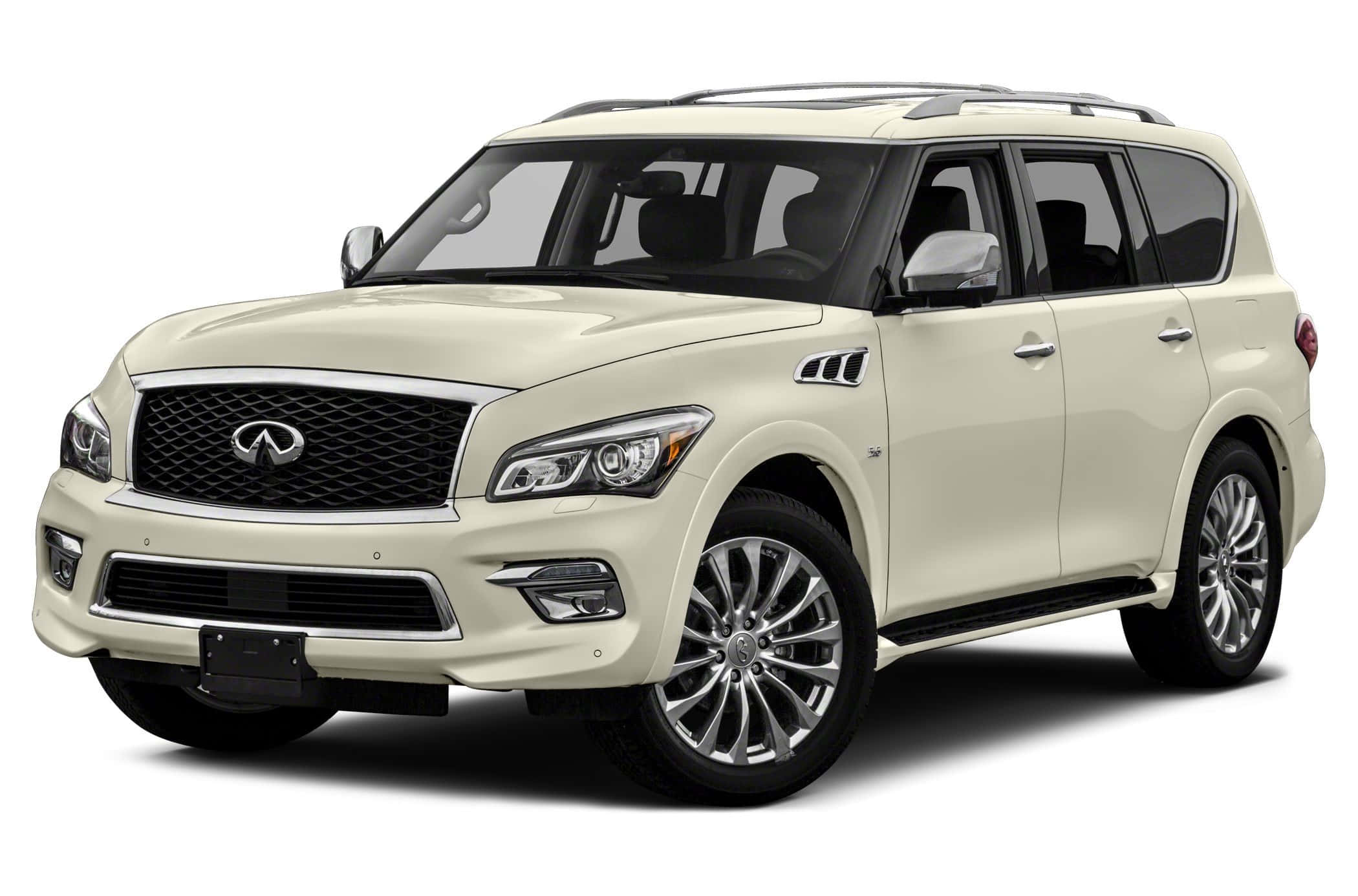 Infiniti Qx80 桌布 壁紙 — 一輛純淨奶油色的Infiniti QX80 SUV在乾淨的攝影棚拍攝中展示，細節銳利，帶有鍍鉻裝飾。