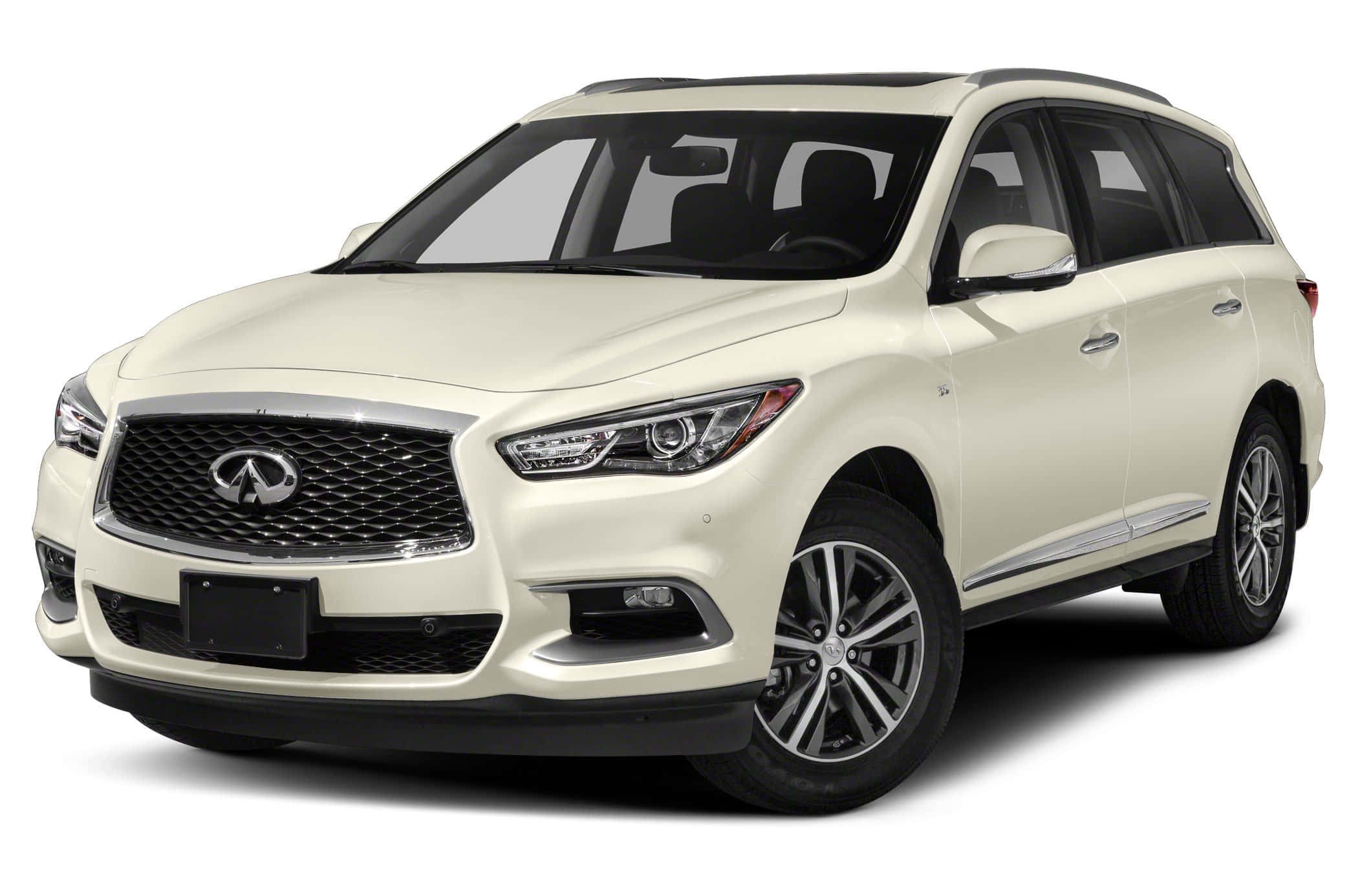 Infiniti Qx60 桌布 壁紙 — 一輛純淨的奶油色Infiniti QX60 SUV在乾淨的攝影棚拍攝中展示，光線銳利，鍍鉻飾件細節豐富。