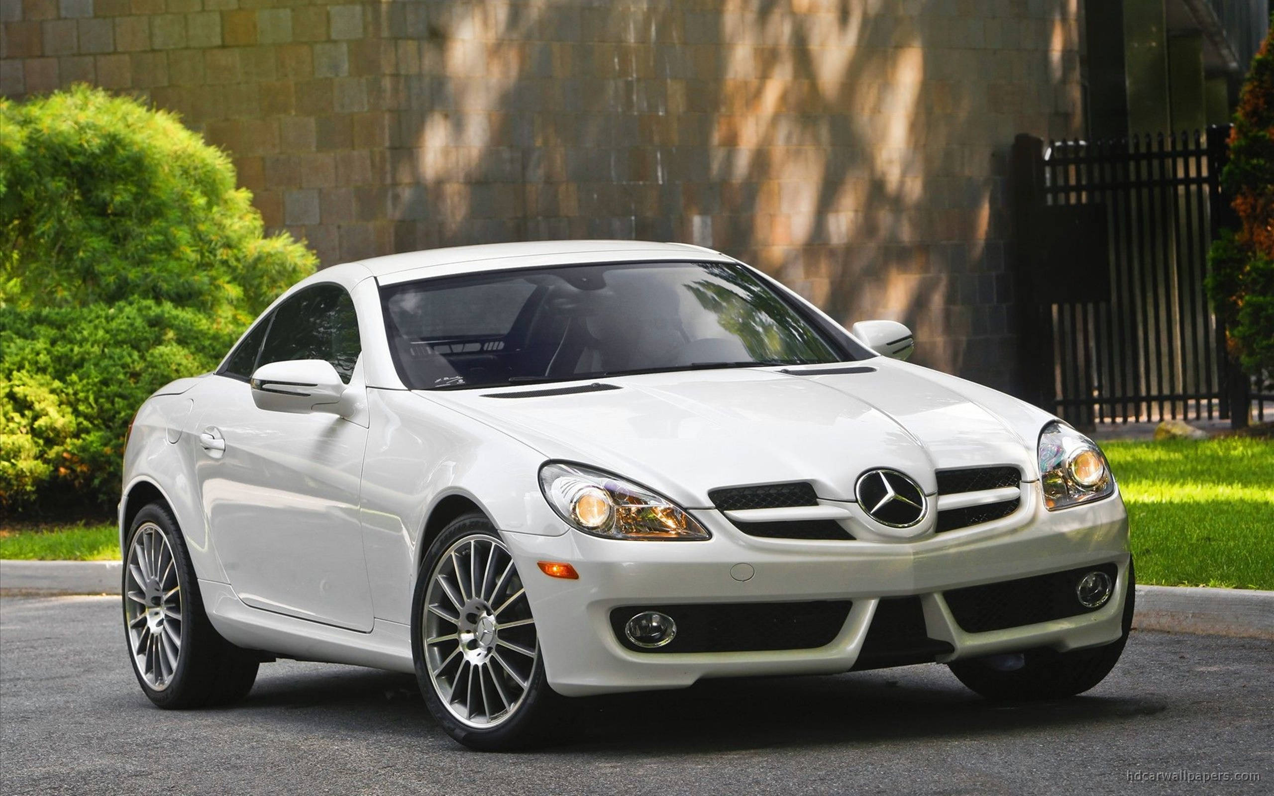 HD 桌布 壁紙 — 一輛純白色的 Mercedes-Benz SLK 跑車在明亮陽光下閃閃發光，停泊在鋪砌的車道上，旁邊是茂密的綠色灌木叢和石牆。