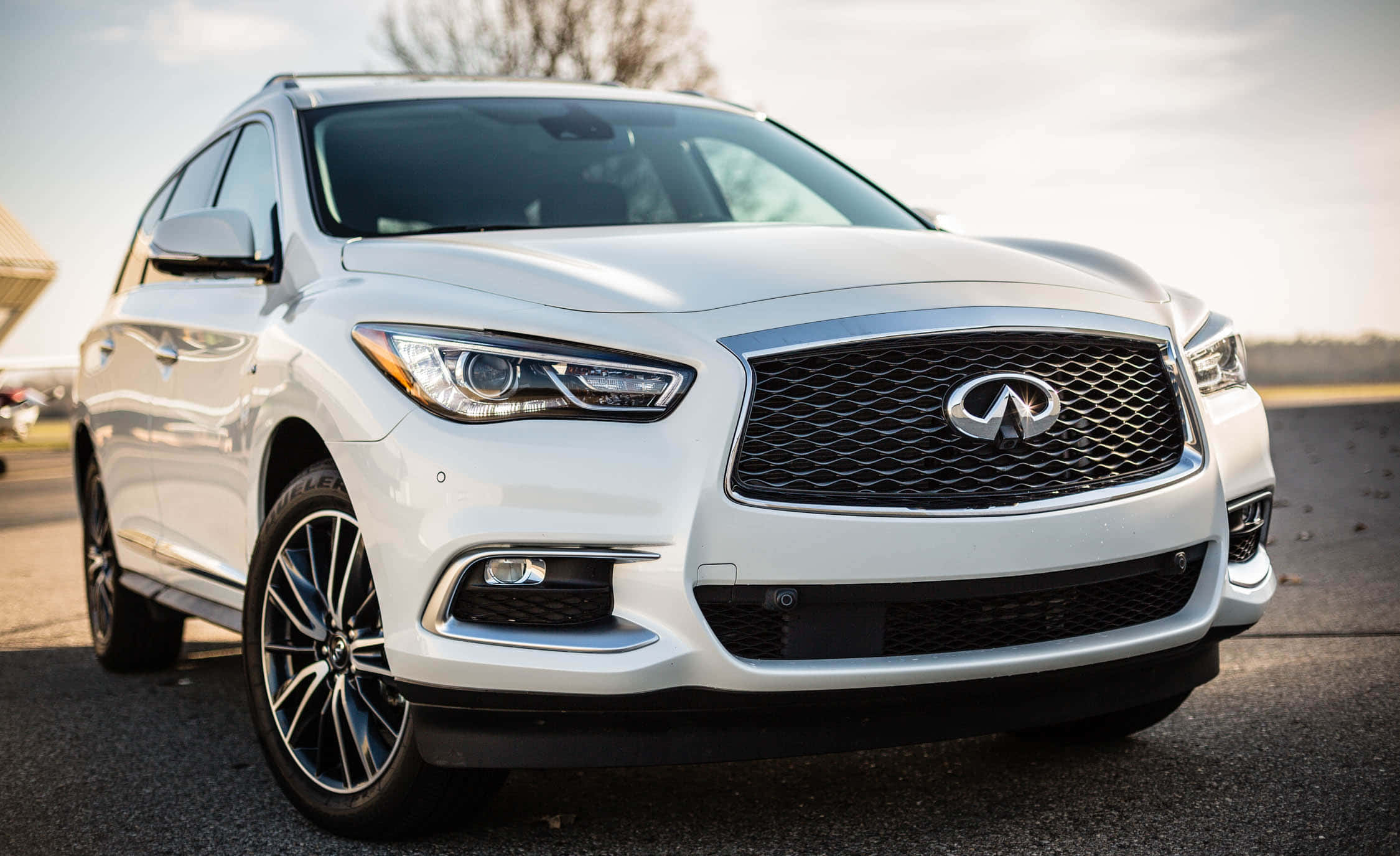 Infiniti Qx60 桌布 壁紙 — 一輛純白色的Infiniti SUV在柔和日光下閃耀，擁有流線型現代設計和鍍鉻裝飾。
