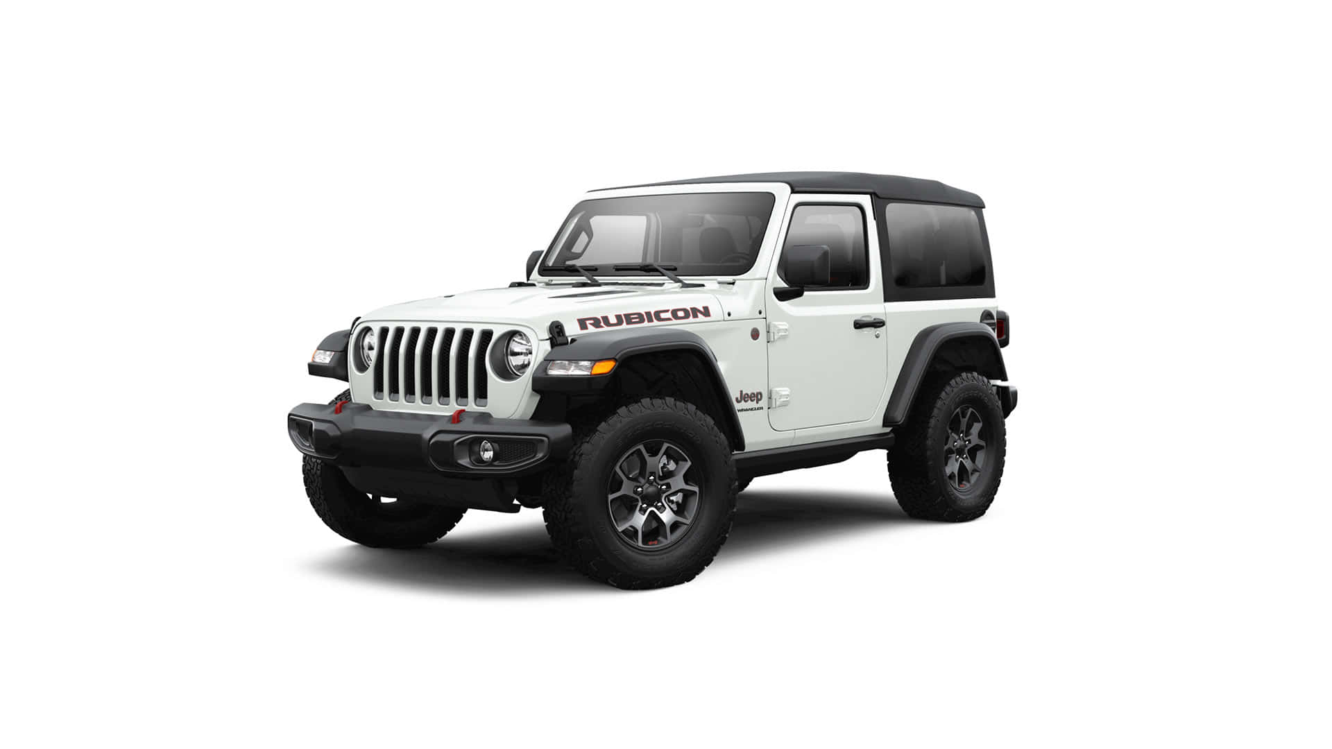 Bright White 桌布 壁紙 — 一輛純白色的Jeep Wrangler Rubicon，帶有黑色飾件和堅固輪胎，孤立地站在純白色背景前。