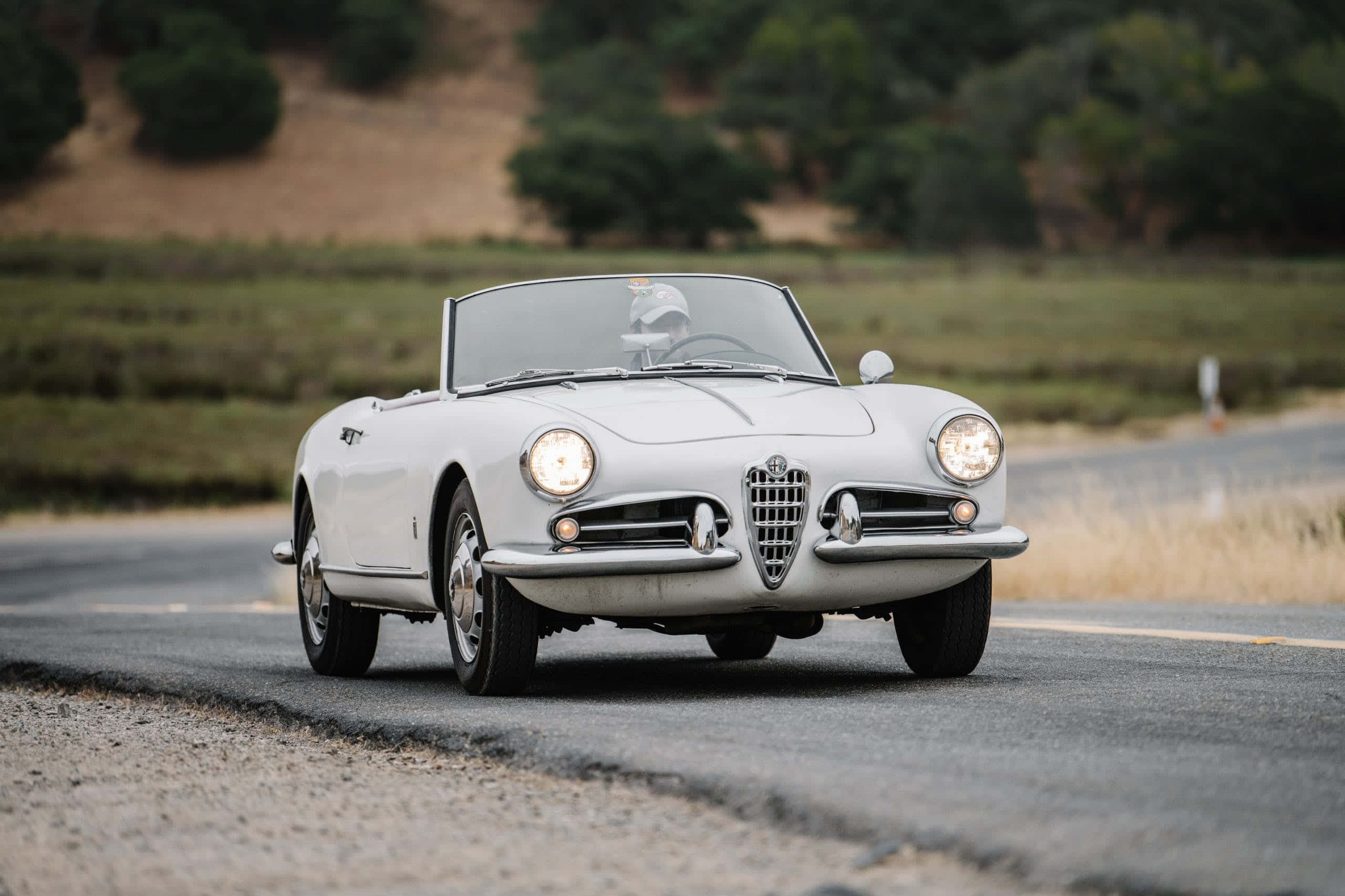 Alfa Romeo Spider 桌布 壁紙 — 一輛純白色的復古Alfa Romeo Spider開篷車沿著蜿蜒的鄉村道路行駛，兩旁是乾草和樹木。