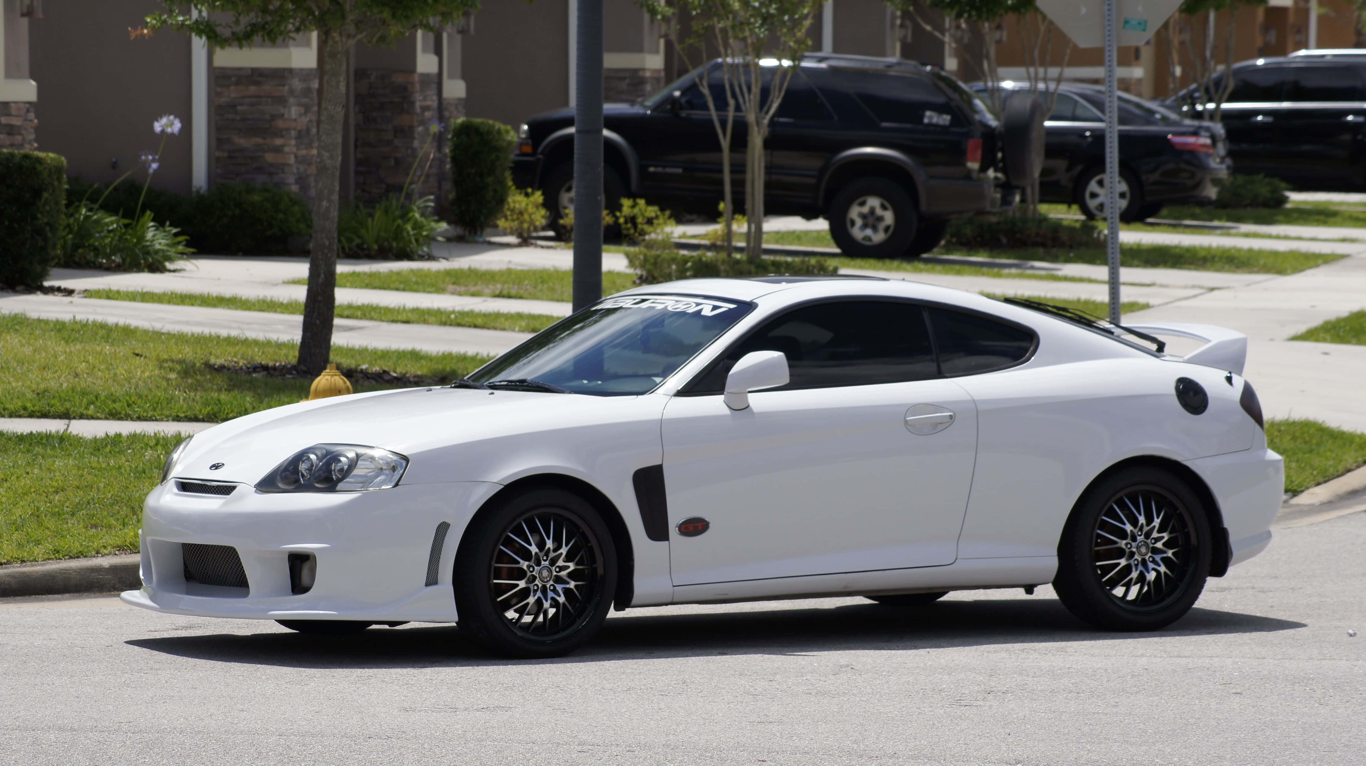 Hyundai Tiburon 桌布 壁紙 — 一輛純白色運動型轎跑車配黑色輪圈，停泊在陽光明媚、綠草如茵、樹木成蔭的郊區街道上。