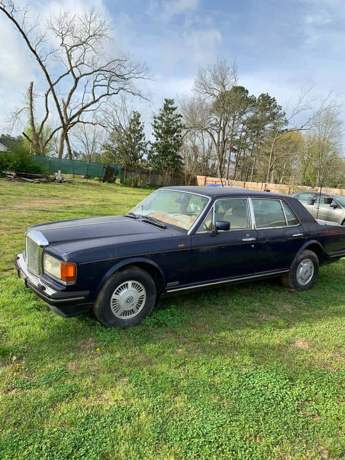 Bentley Eight 桌布 壁紙 — 一輛經典深藍色賓利轎車停放在草地上，天空局部多雲，背景有光禿和發芽的樹木。