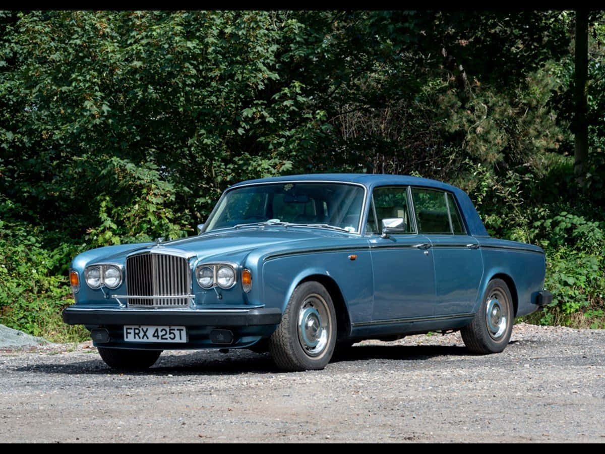 Bentley T2 桌布 壁紙 — 一輛經典藍色賓利S2房車停在碎石路上，背景是茂密的綠樹。