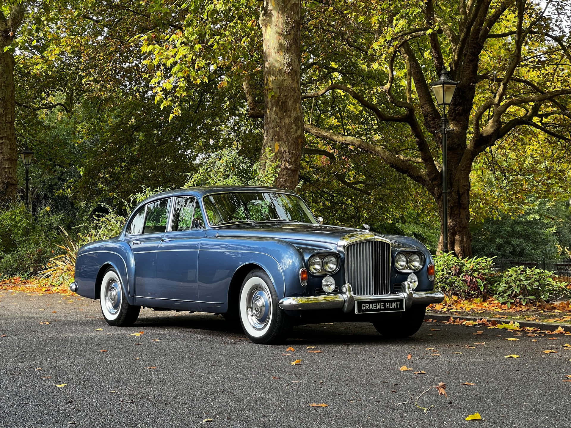 Bentley S3 桌布 壁紙 — 一輛經典藍色賓利轎車在秋日陽光下閃閃發光，停在落葉滿地的車道上，旁邊是高聳的樹木。
