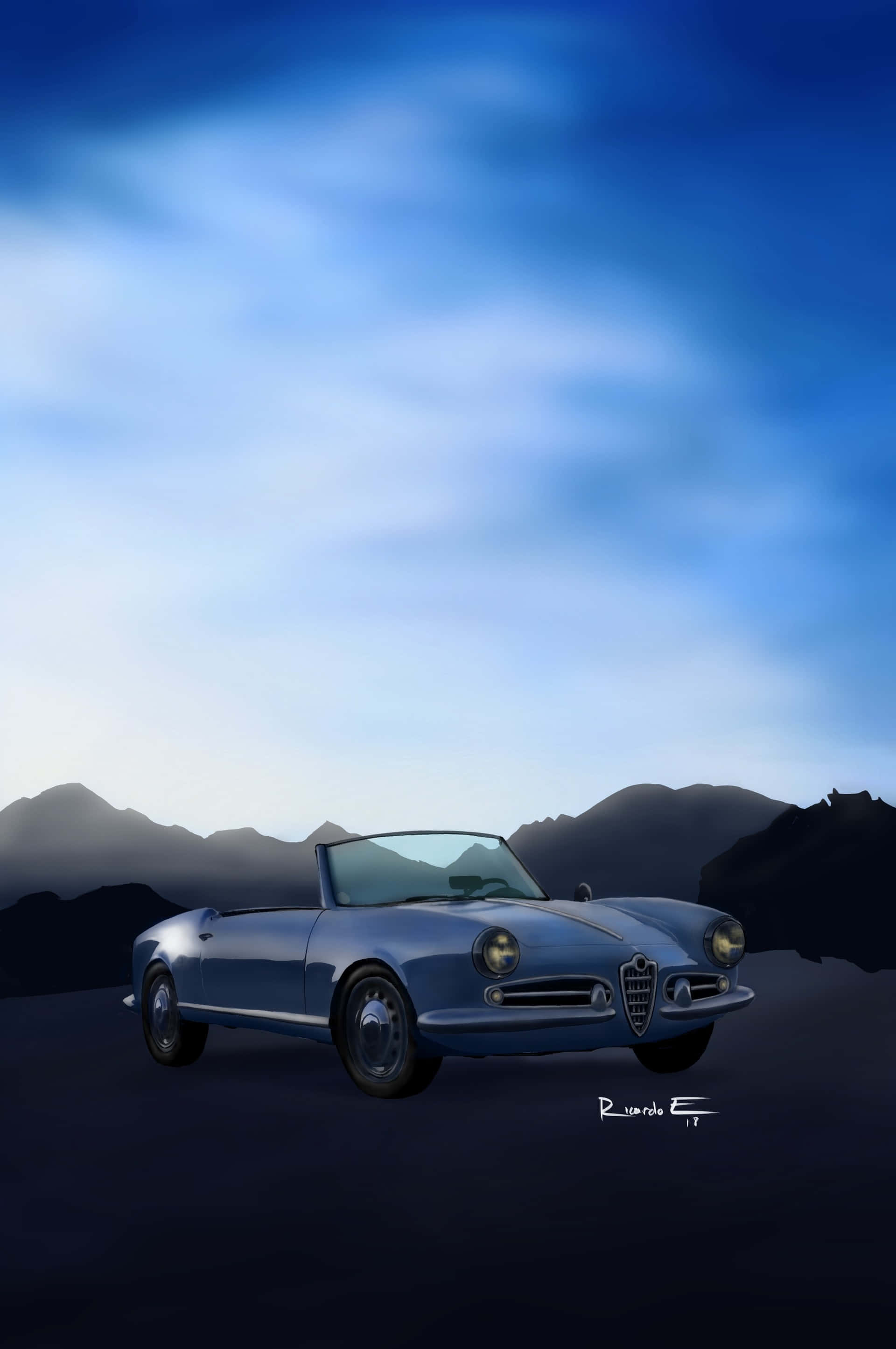 Alfa Romeo Spider 桌布 壁紙 — 一輛經典藍色開篷跑車停泊在黑暗的道路上，遠山在戲劇性的暮色天空下。