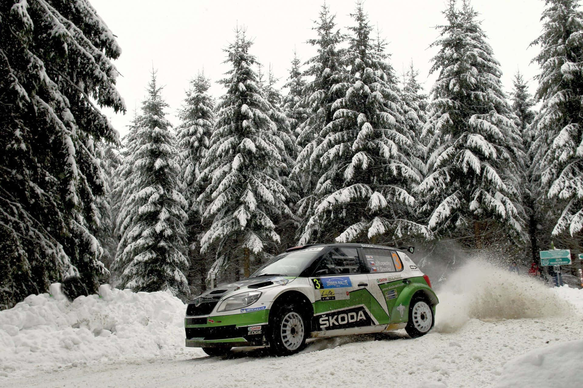 Ice Racing 桌布 壁紙 — 一輛綠色和白色的斯柯達拉力賽車在雪地森林中疾馳，揚起雪花。