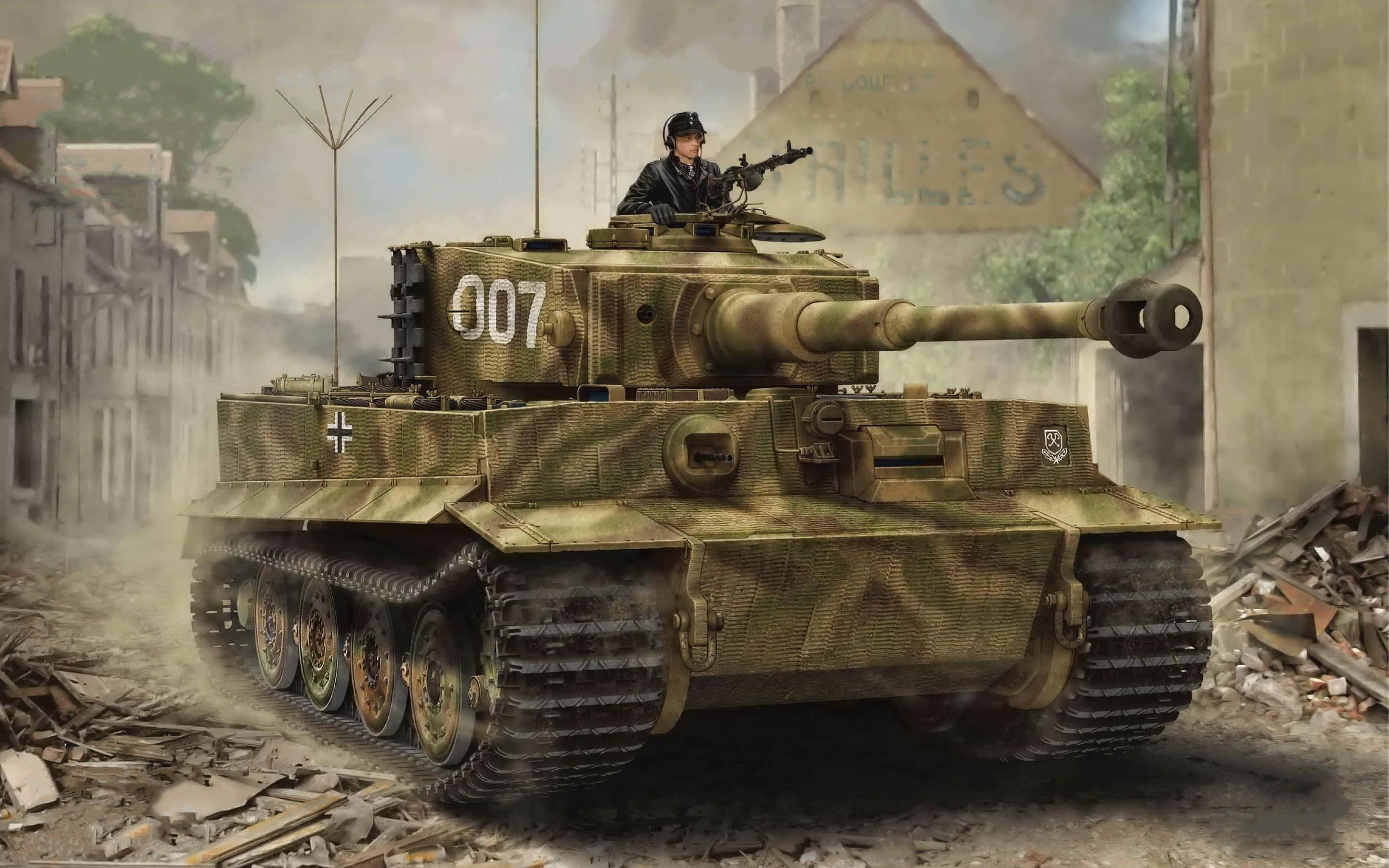 Call Of Duty Vehicles 桌布 壁紙 — 一輛編號007的德國虎式坦克駛過戰火摧殘的歐洲街道，一名士兵從炮塔瞄準他的機槍。