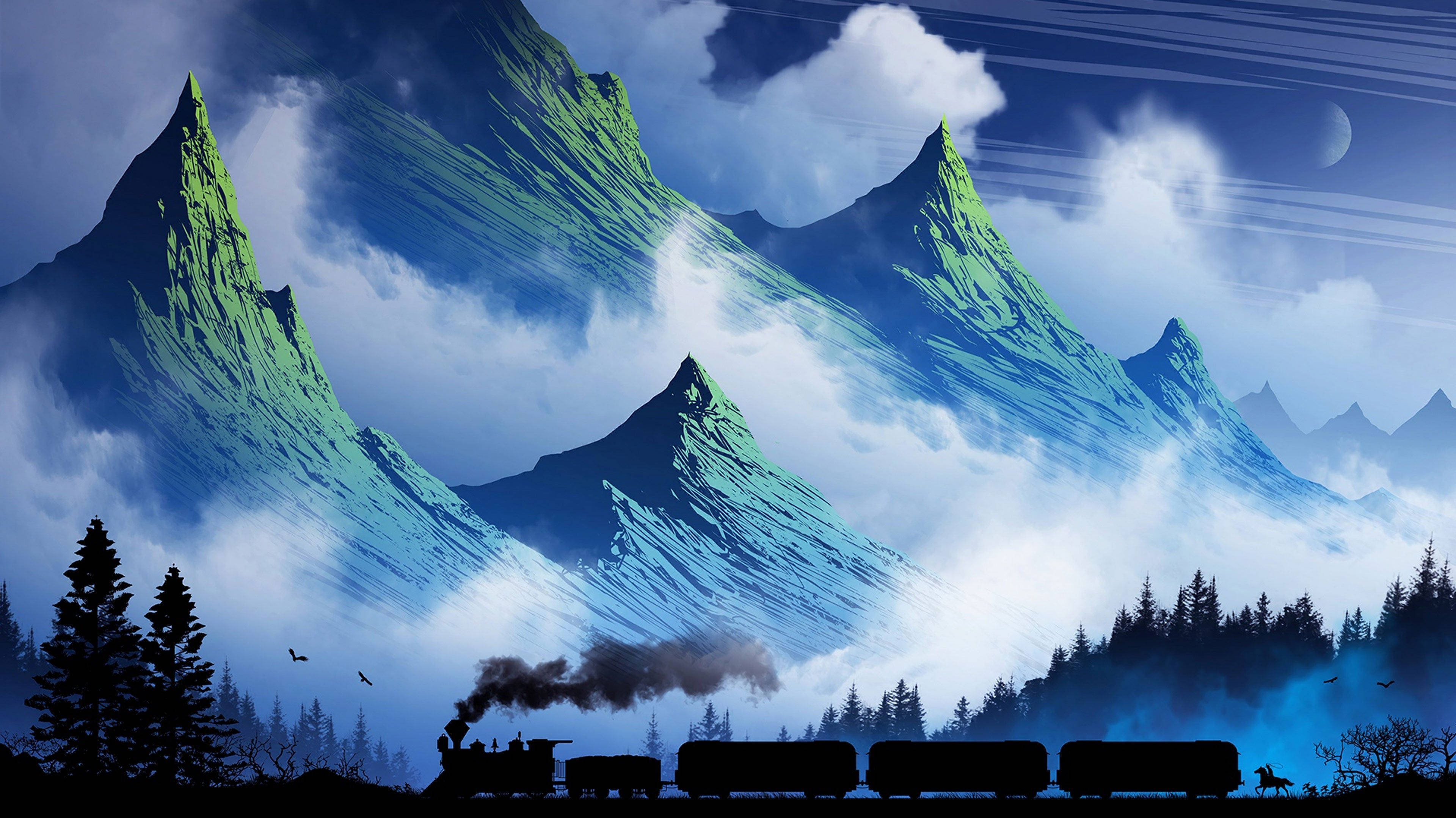 山脈 桌布 壁紙 — 一輛蒸汽火車在黃昏時分穿過霧氣瀰漫的森林，在巍峨的藍綠色山脈和新月下前行。