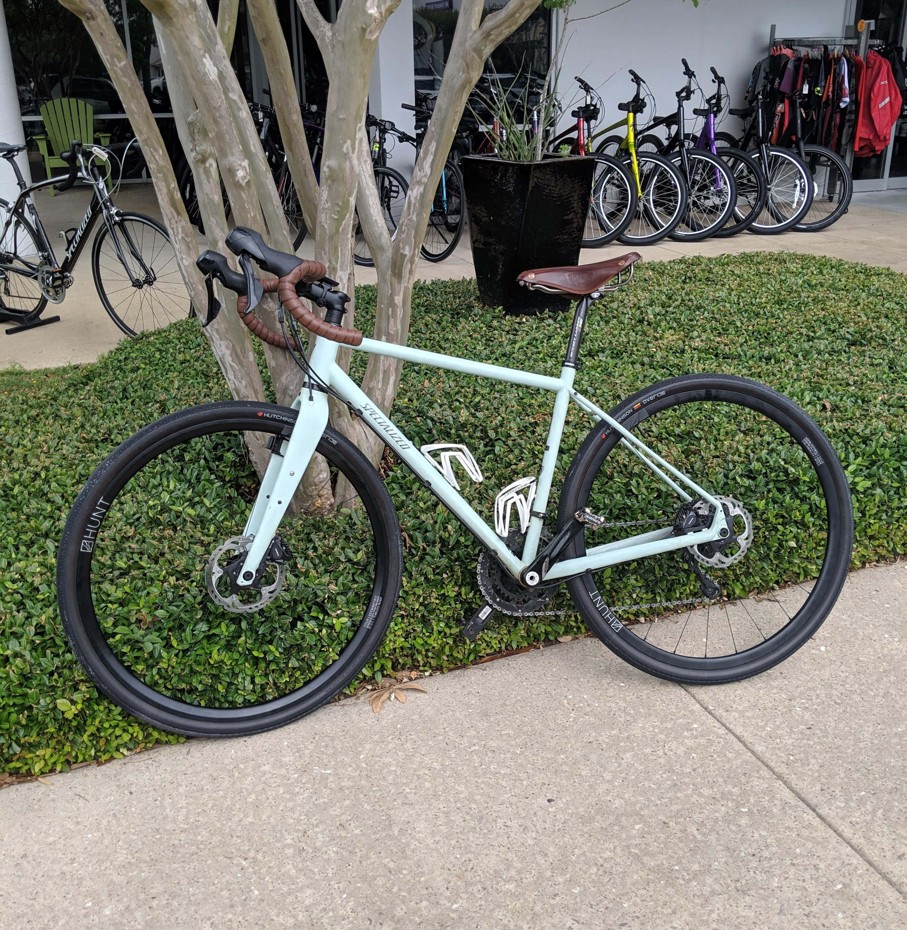 Bicycle 桌布 壁紙 — 一輛薄荷綠色的公路自行車，帶有棕色皮革握把，靠在一棵樹旁，旁邊是茂密的綠色樹籬。