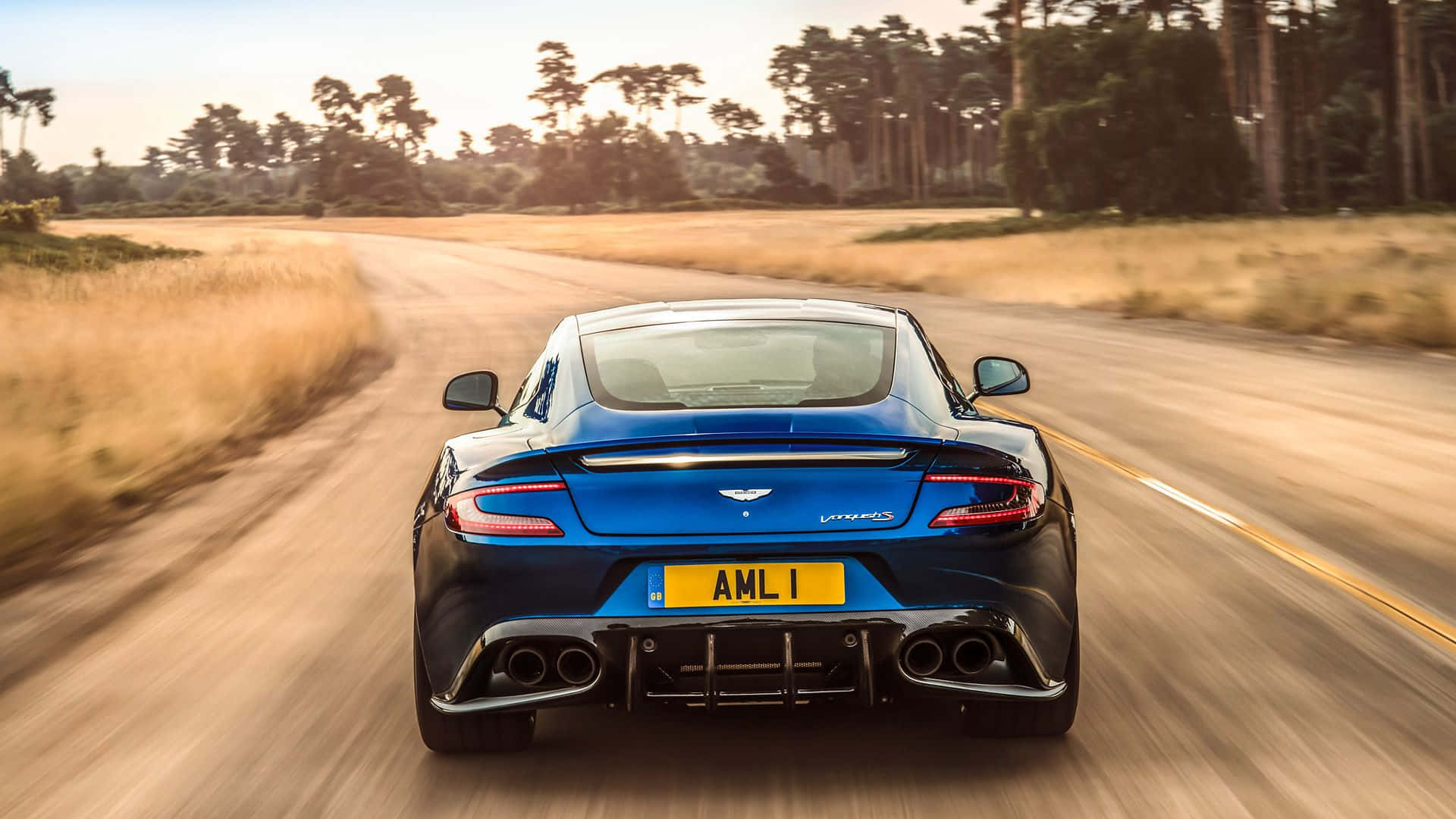 Aston Martin Vanquish 桌布 壁紙 — 一輛藍色Aston Martin Vanquish在陽光明媚的鄉村道路上飛馳，兩旁是金色的草地和高大的松樹。