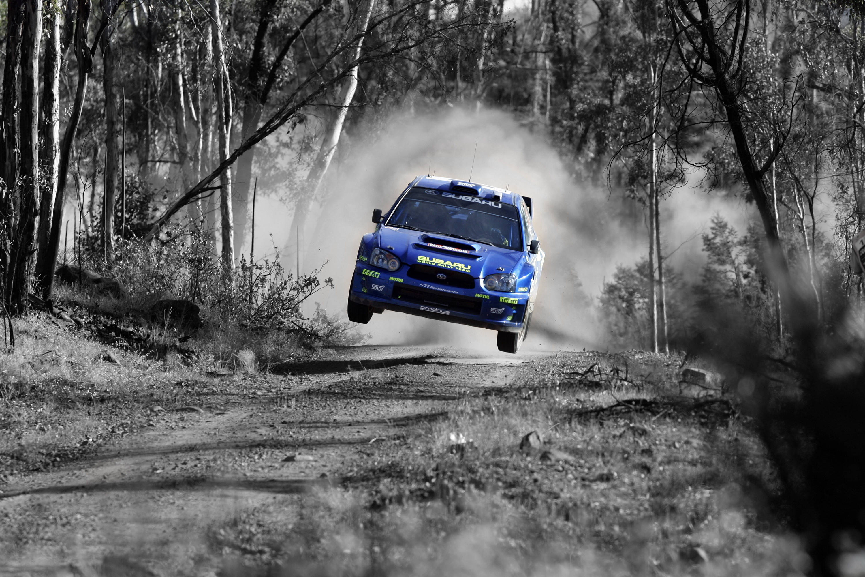 subaru 桌布 壁紙 — 一輛藍色Subaru拉力賽車飛越森林空地，揚起灰塵，以高對比黑白照片搭配選擇性色彩呈現。