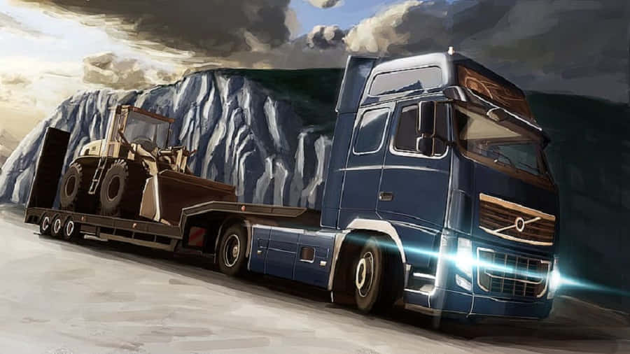 Simulation Games 桌布 壁紙 — 一輛藍色沃爾沃半掛卡車拖著一輛黃色推土機穿越崎嶇的山口，天空烏雲密布，氣氛戲劇化。