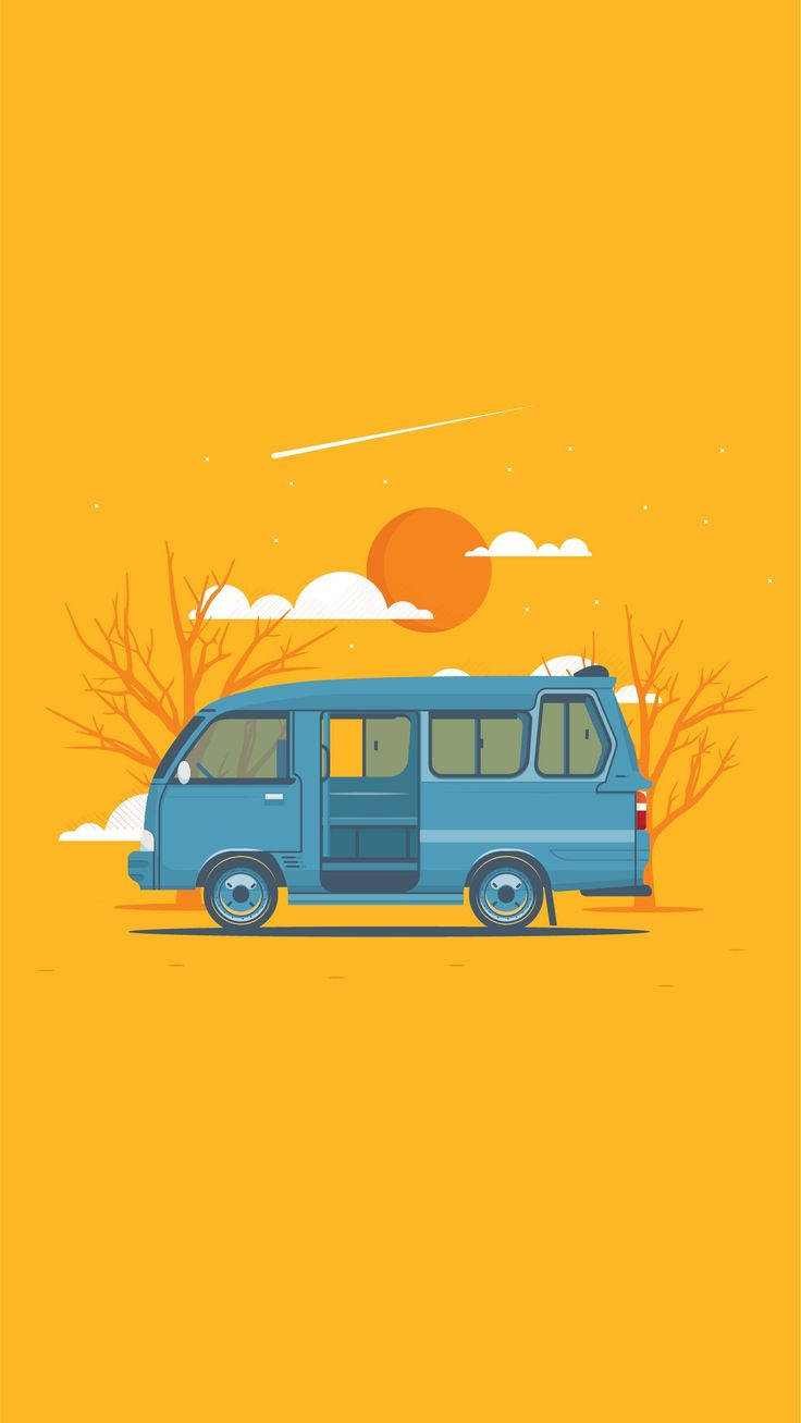 Old Car 桌布 壁紙 — 一輛藍色貨車停泊在溫暖的橙色天空下，周圍是光禿的樹木和夕陽投下的長長影子。