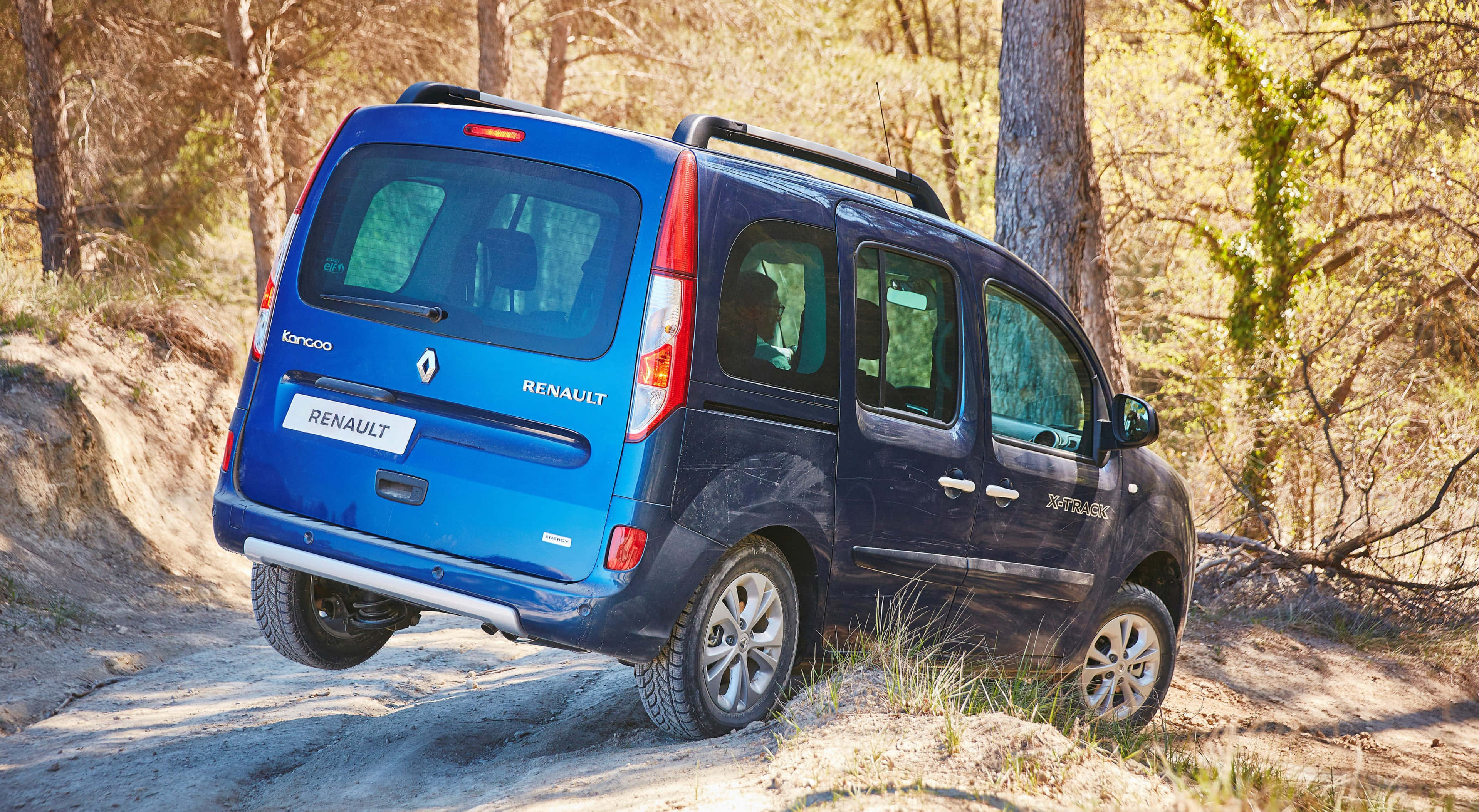 Renault Kangoo 桌布 壁紙 — 一輛藍色雷諾Kangoo客貨車沿著陽光明媚的泥路穿過高聳樹木和斑駁光影的森林向上行駛。