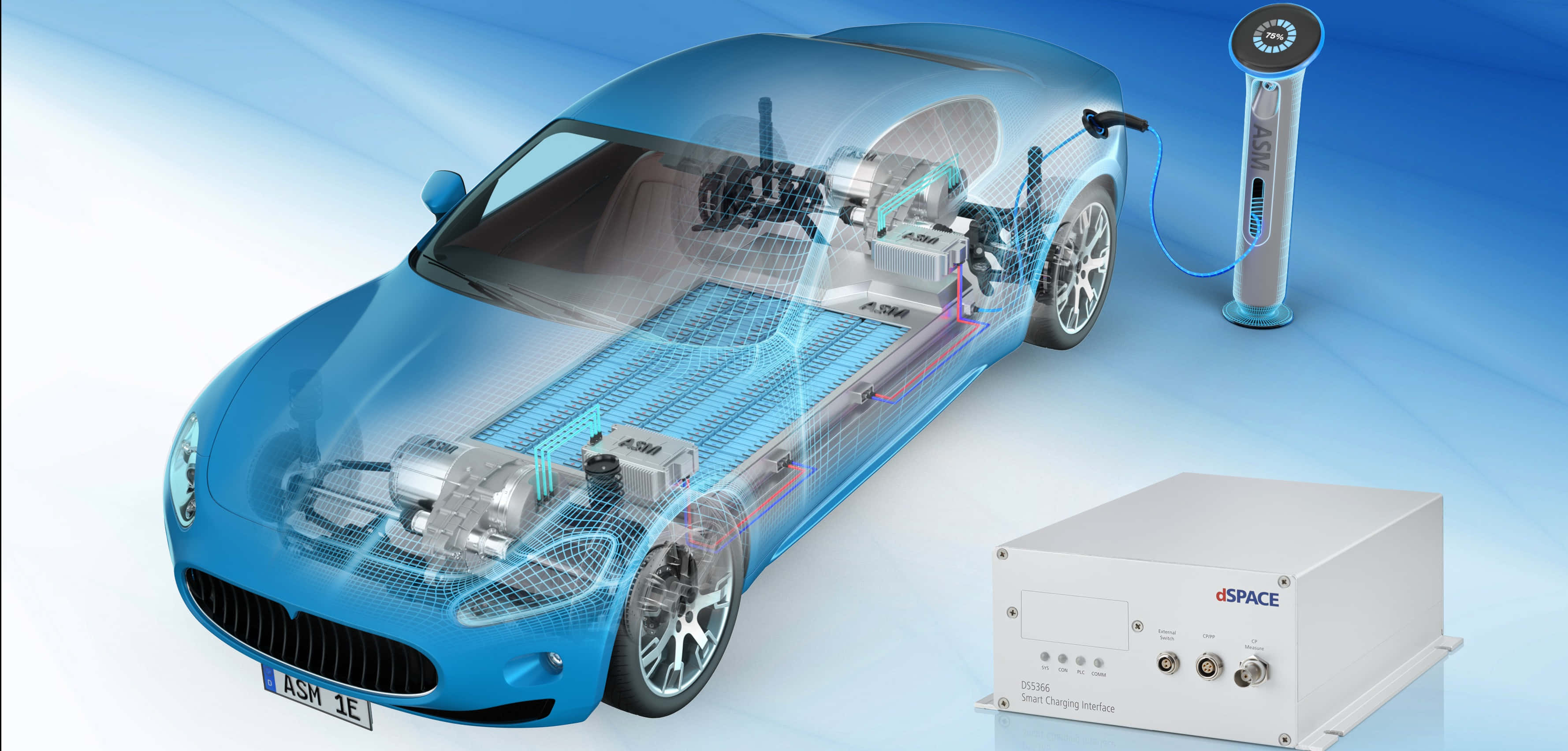 Car Technology 桌布 壁紙 — 一輛藍色電動跑車採用透明車身，在連接充電站時展示其充電系統和內部組件。