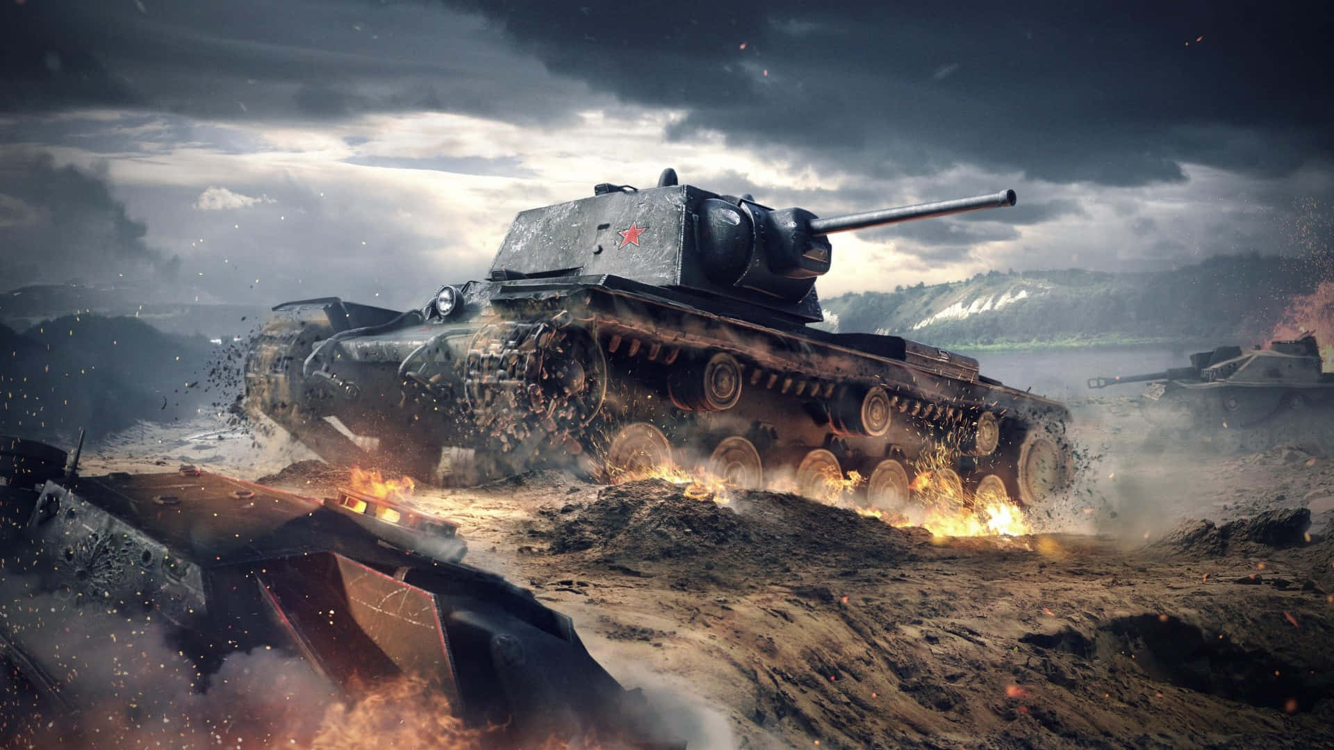 Battlefield Vehicles 桌布 壁紙 — 一輛蘇聯坦克在泥濘的戰場上衝鋒，爆炸和煙霧在暴風雨的天空下四處爆發。