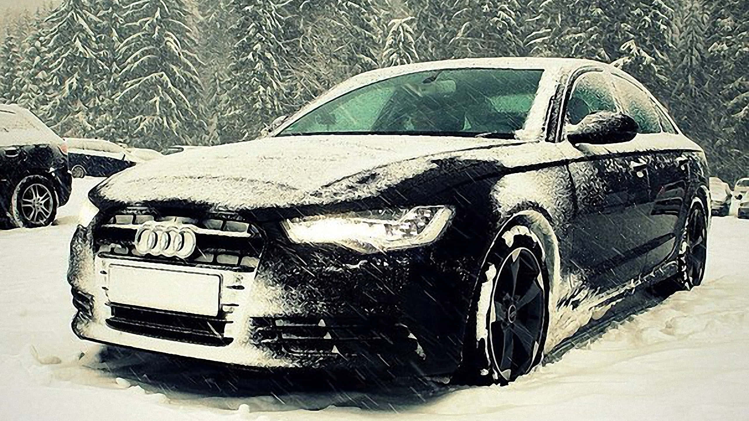 奧迪 桌布 壁紙 — 一輛覆蓋著新雪的黑色奧迪房車停在雪地森林中，正值暴風雪，雪花飄落。